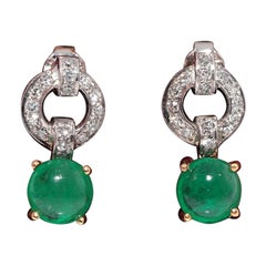 Vintage 18k Gold And Platinum Natural Diamond And Cabochon Emerald Drop Earring