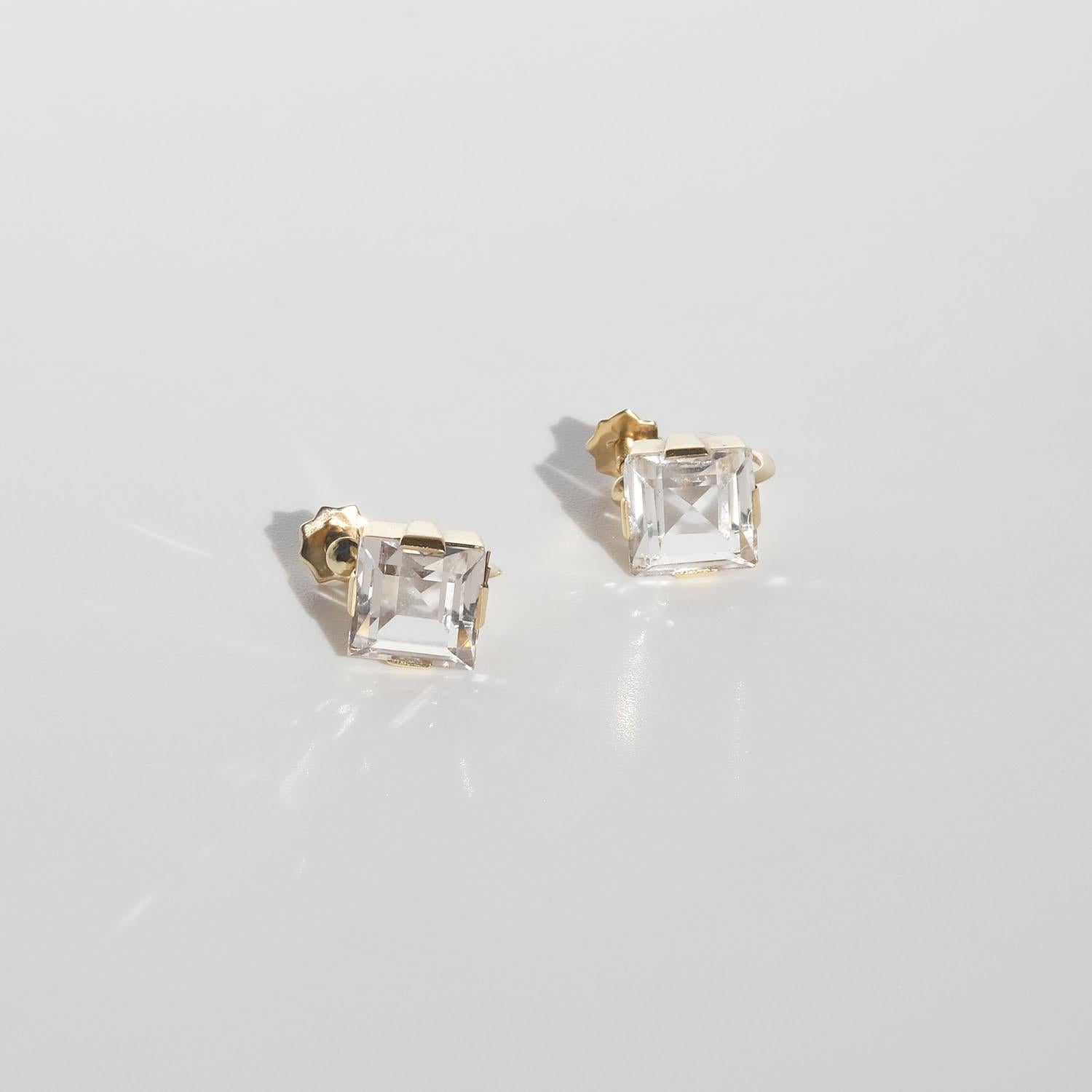 Square Cut Vintage 18k Gold and Rock Crystal Earrings Made Year 1945