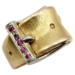 Vintage 18K Gold and Ruby Italian Buckle Ring