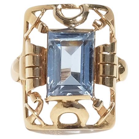 Anillo vintage de oro de 18 quilates y zafiro sintético de Bjurman & Bernheimer Fabricado en 1948
