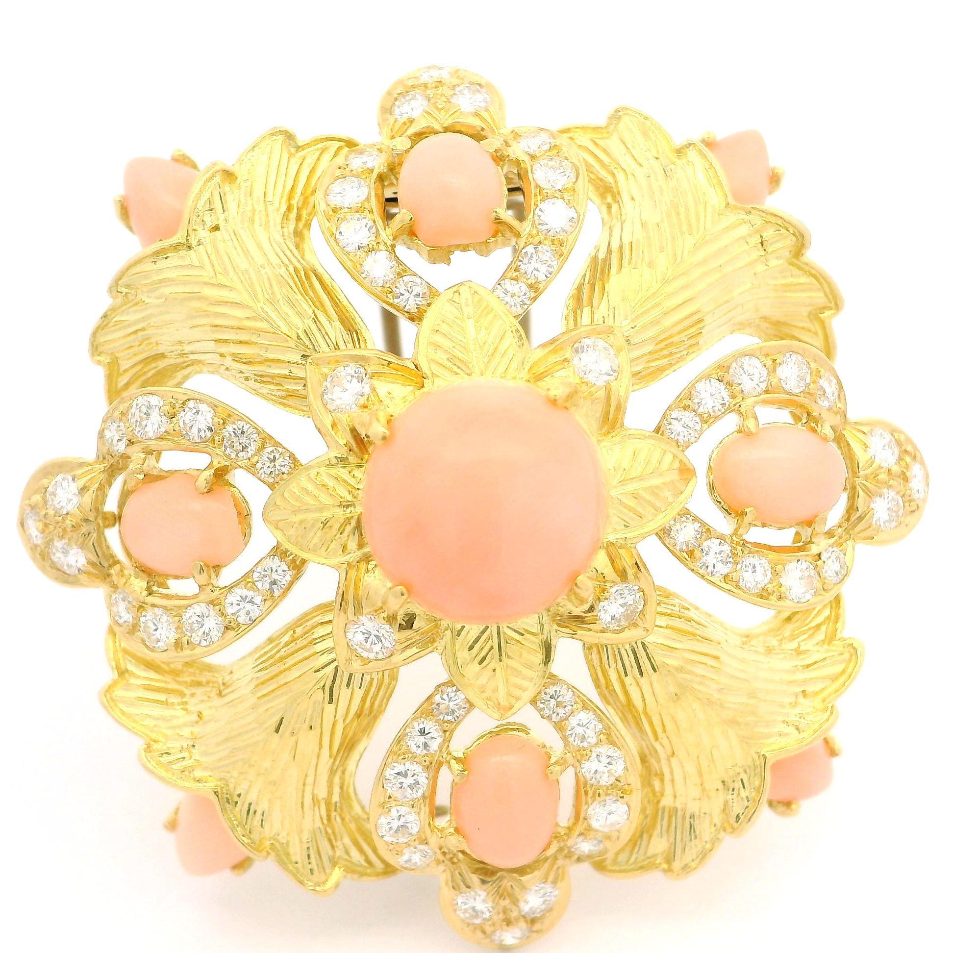 --Stone(s):--
(9) Natural Genuine Corals - Round, Pear & Oval Cabochon Cut - Prong Set -Angel Skin Pink Color - 11.4mm (round shape at the center)
(58) Natural Genuine Diamonds - Round Brilliant Cut - Pave Set - F/G Color - VS1/VS2 Clarity - 1.35ctw