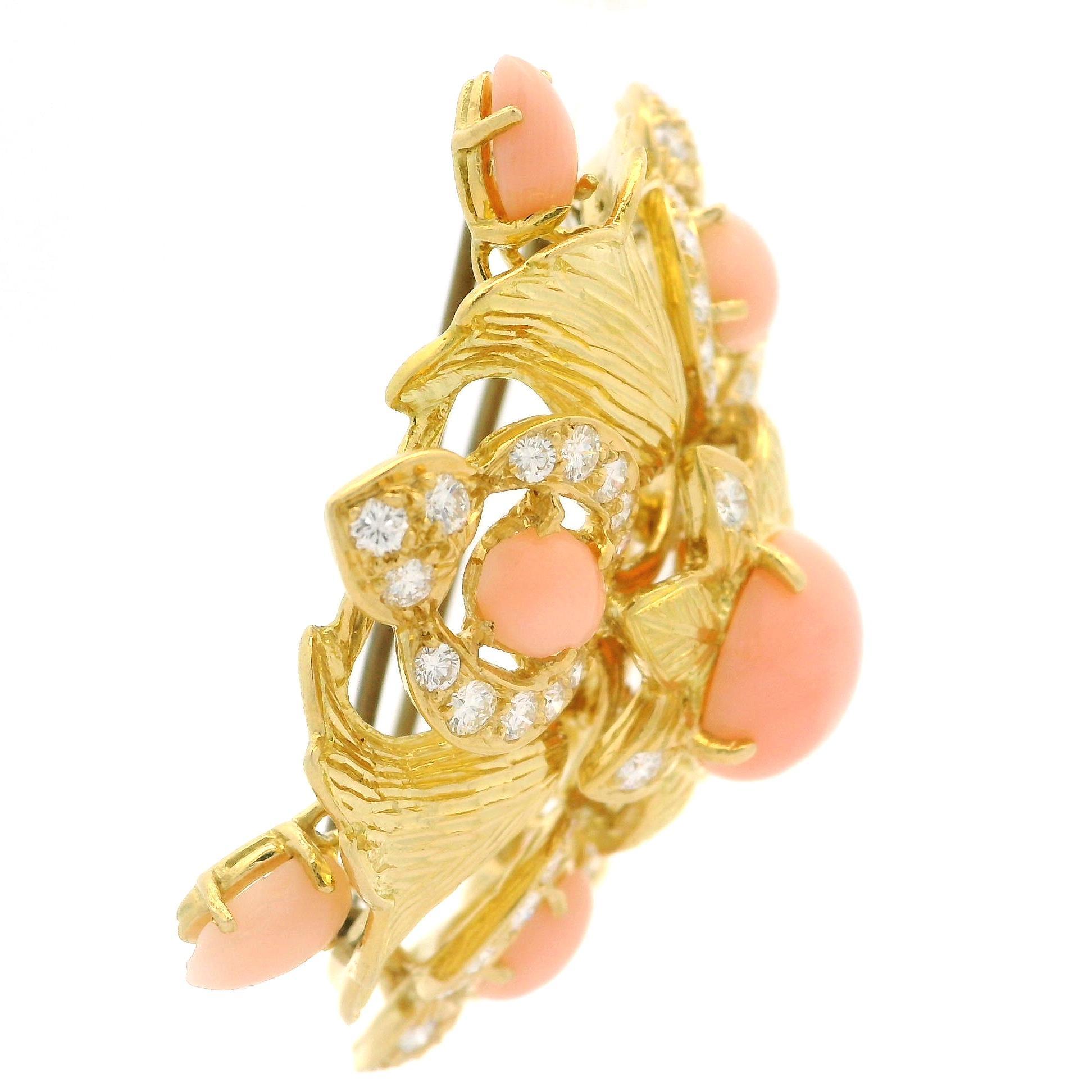 Vintage 18k Gold Angel Skin Coral Diamond Flower Engraved Textured Brooch For Sale 1