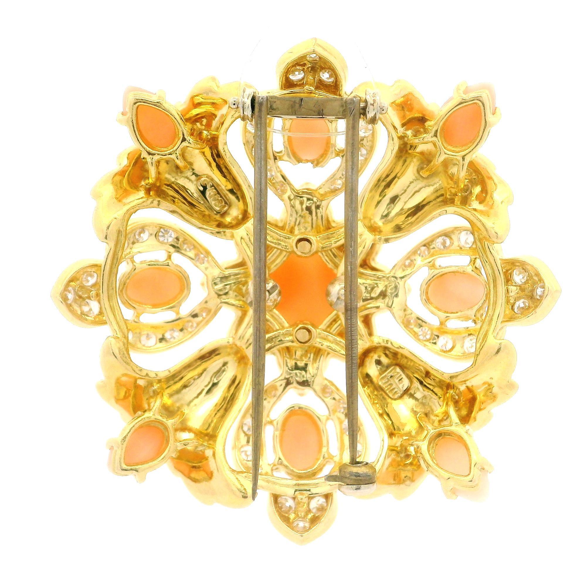 Vintage 18k Gold Angel Skin Coral Diamond Flower Engraved Textured Brooch For Sale 2