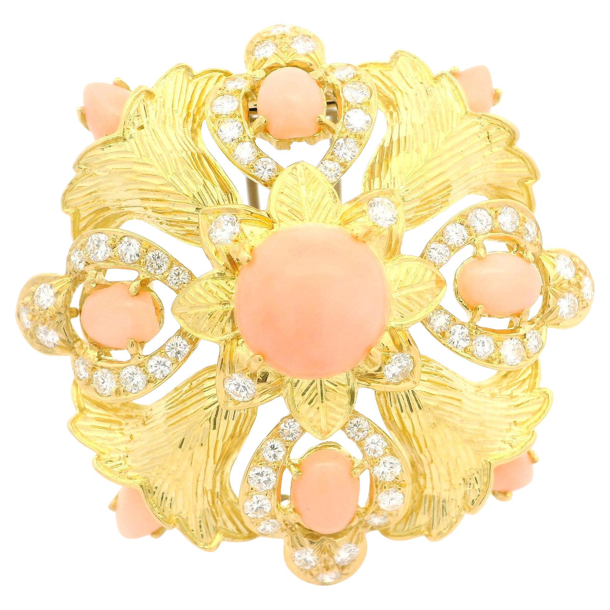 Vintage 18k Gold Angel Skin Coral Diamond Flower Engraved Textured Brooch