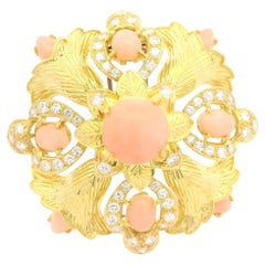 Broche Vintage de Oro de 18k Piel de Ángel Coral Diamante Flor Grabada Textura