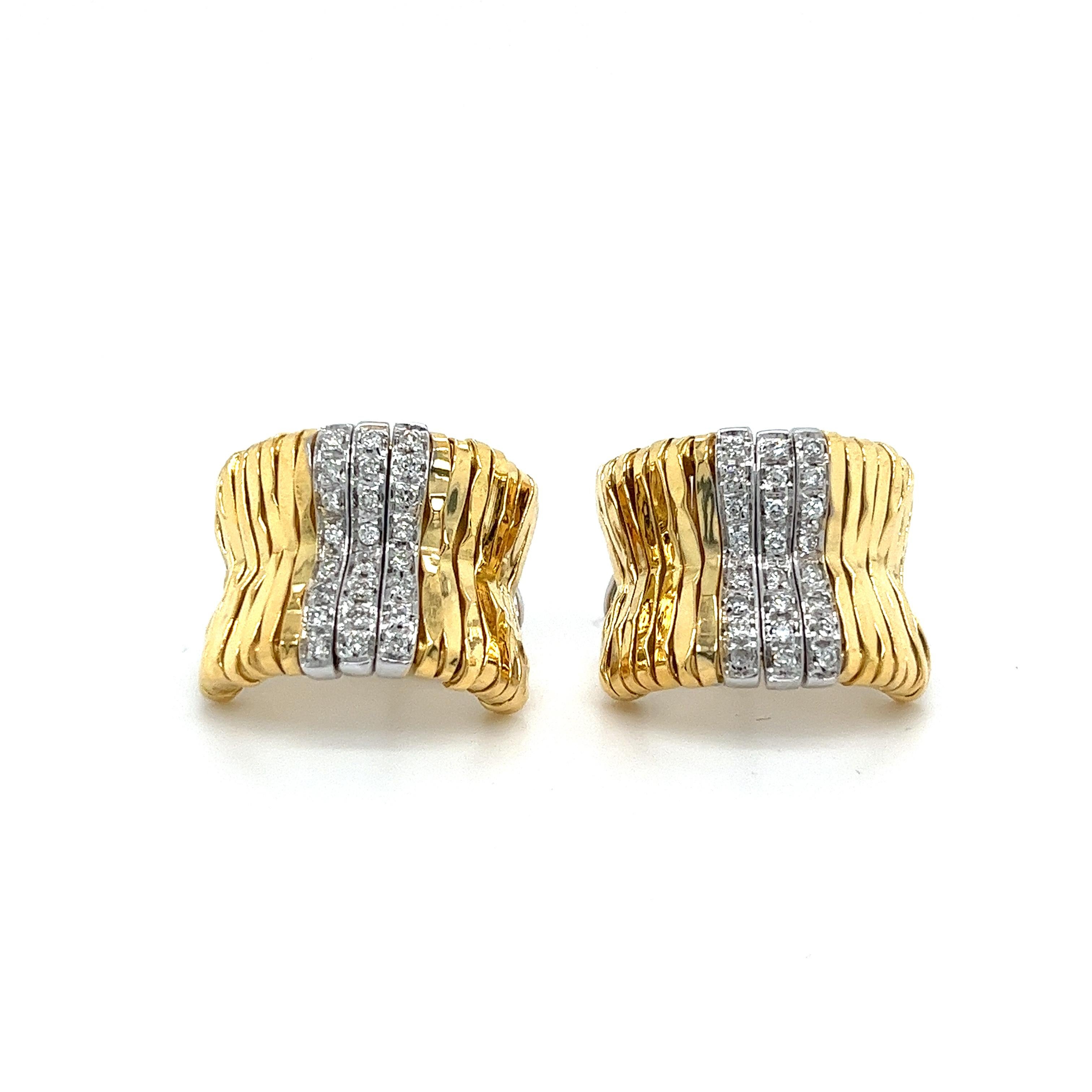 Art Deco Vintage 18k Gold Bar Hug Hoop Earrings with Diamonds Singed Orlando Orlandini For Sale