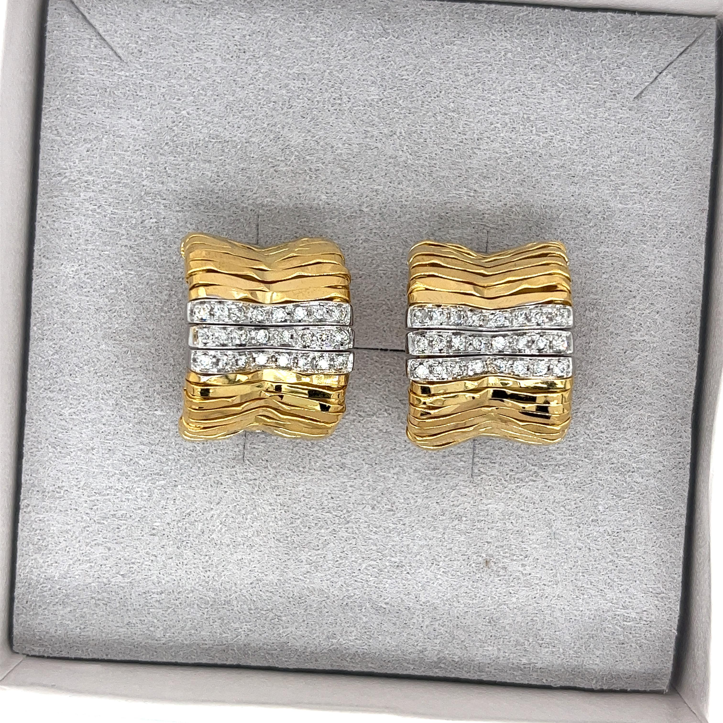 Round Cut Vintage 18k Gold Bar Hug Hoop Earrings with Diamonds Singed Orlando Orlandini For Sale