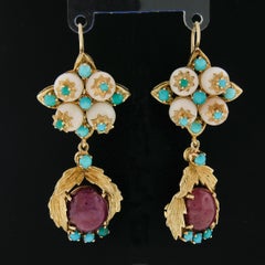 Vintage 18K Gold Bead Coral & Cabochon Ruby w/ Turquoise Drop Dangle Earrings