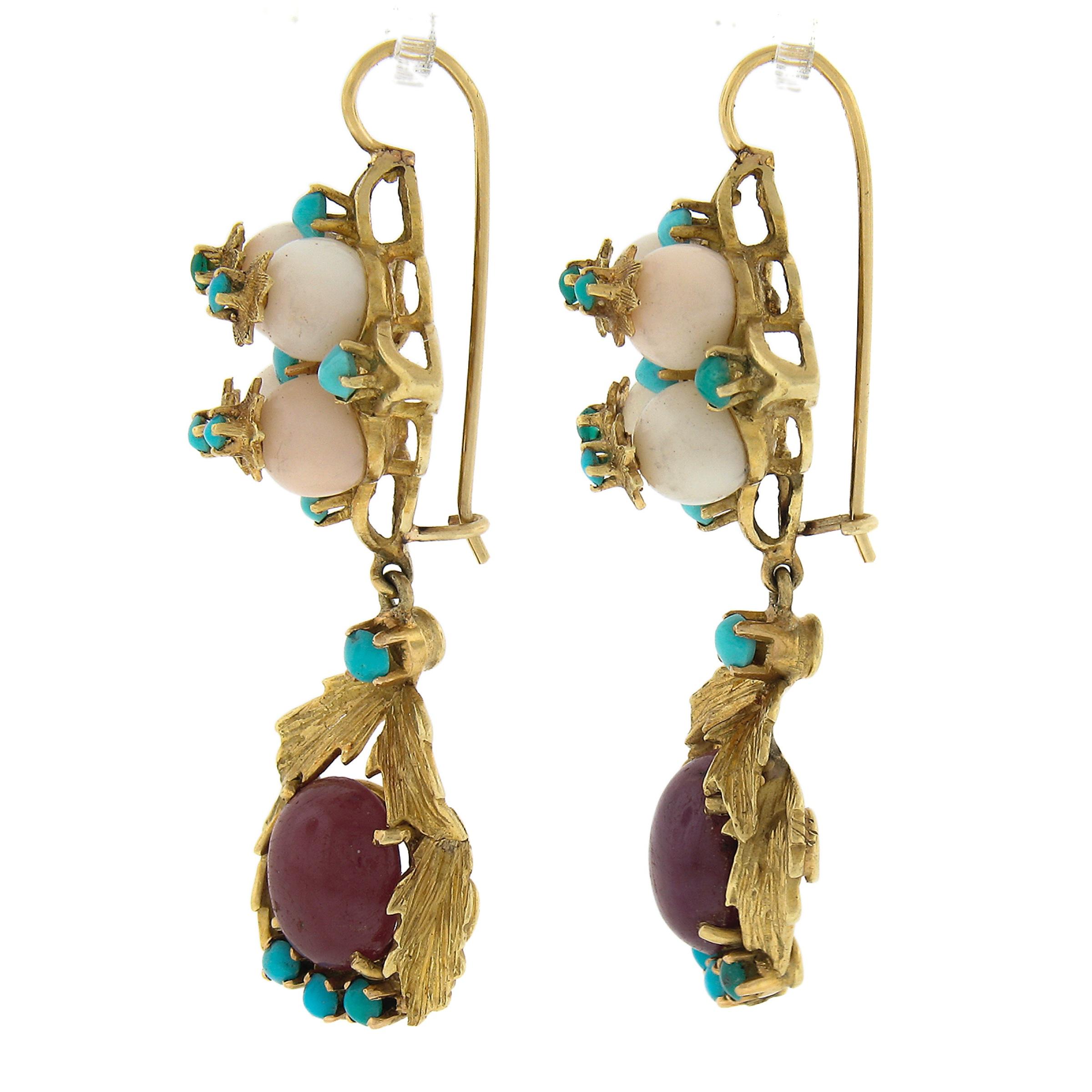 Women's Vintage 18K Gold Bead Coral & Cabochon Ruby w/ Turquoise Drop Dangle Earrings For Sale