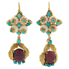 Pendientes colgantes vintage de oro de 18 quilates con coral y rubí cabujón y turquesa