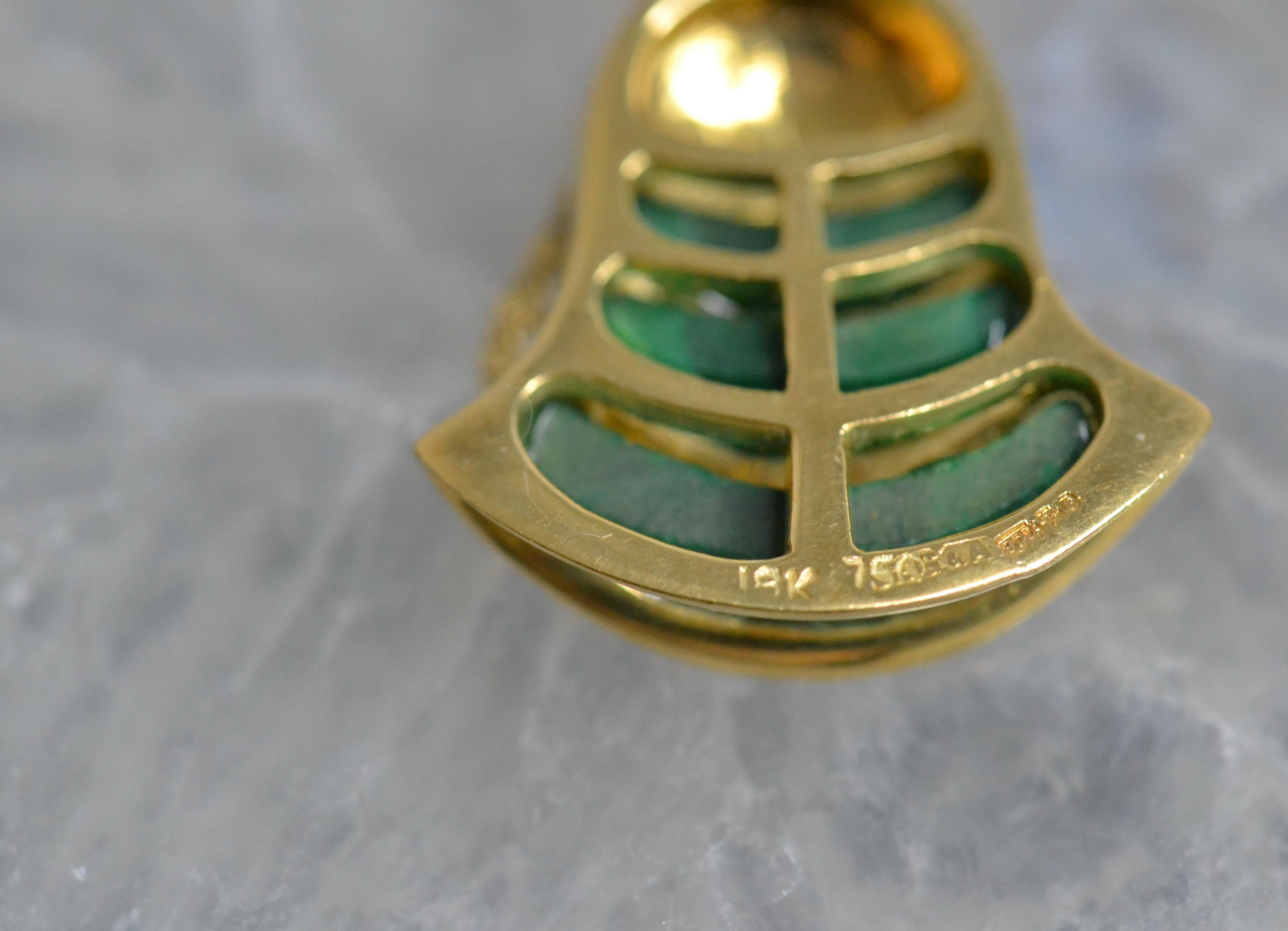 Vintage 18k Gold Bell Necklace with Malachite For Sale 1