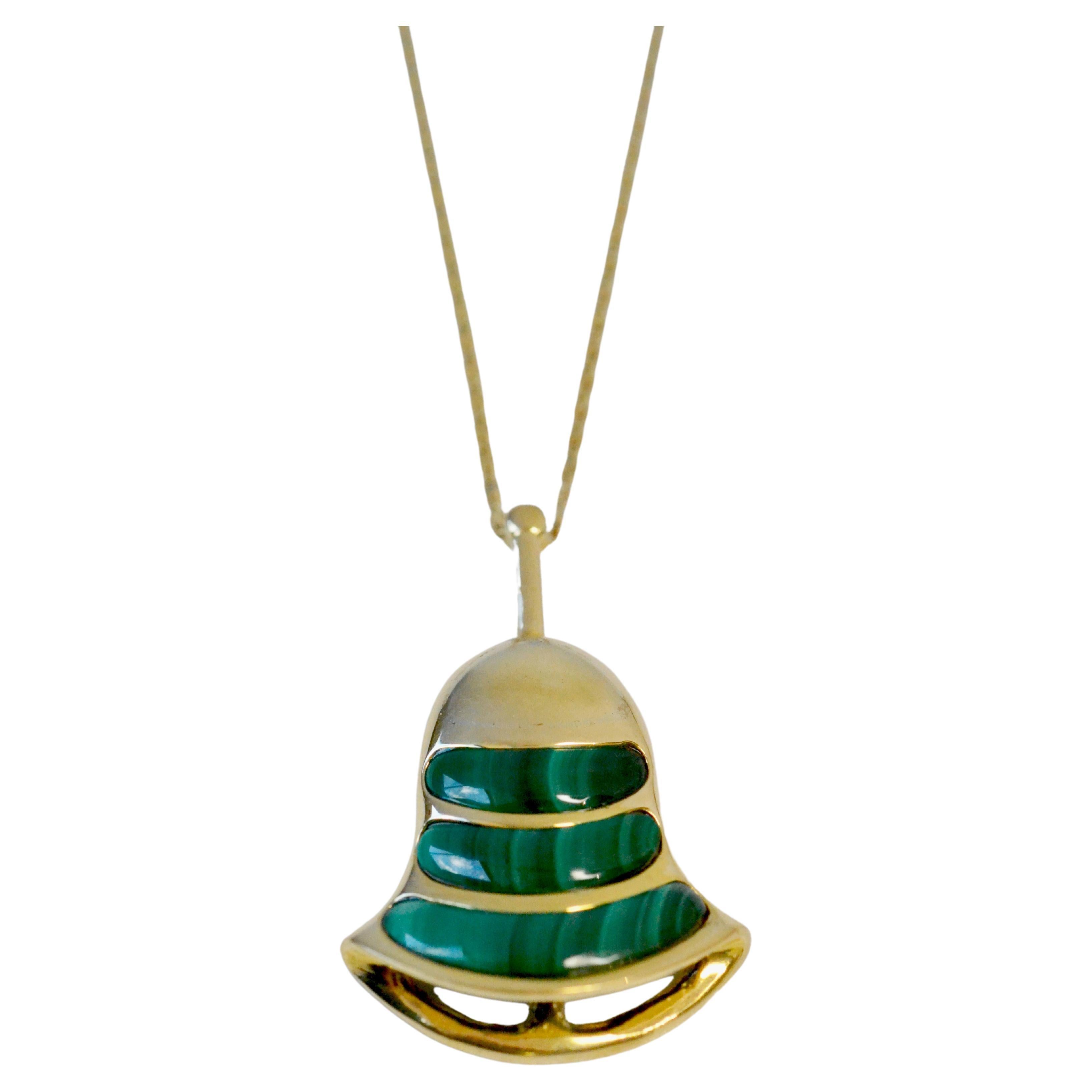 Vintage 18k Gold Bell Necklace with Malachite