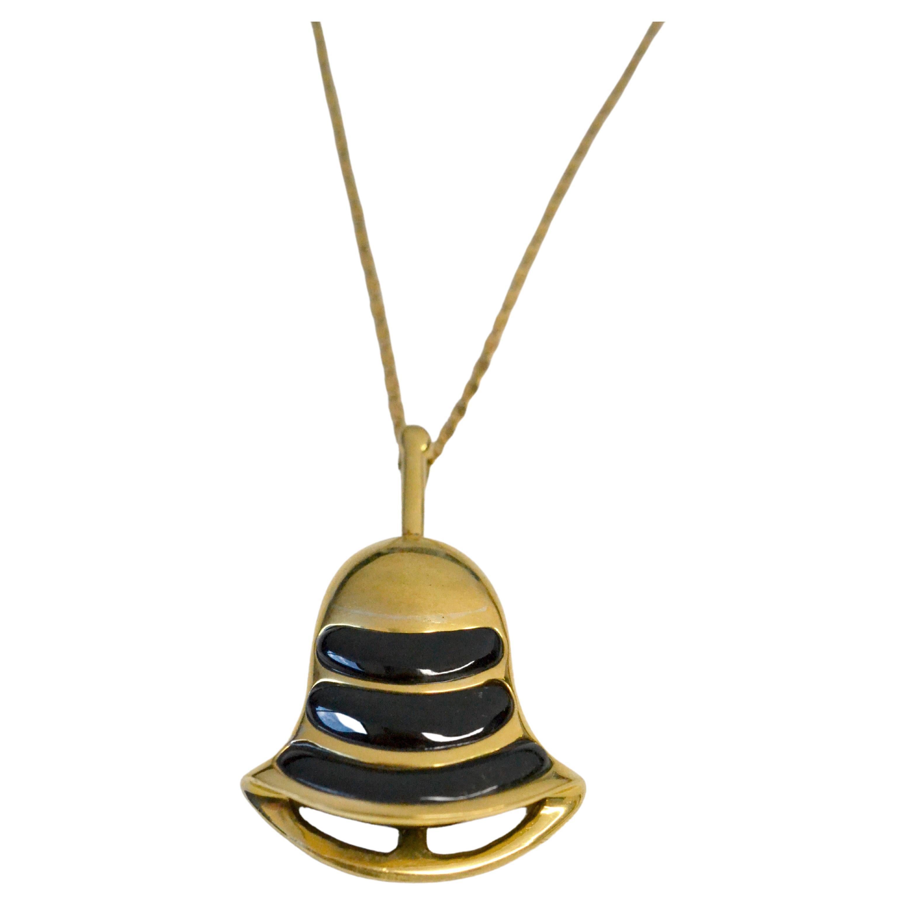 Vintage 18k Gold Bell Necklace with Onyx For Sale