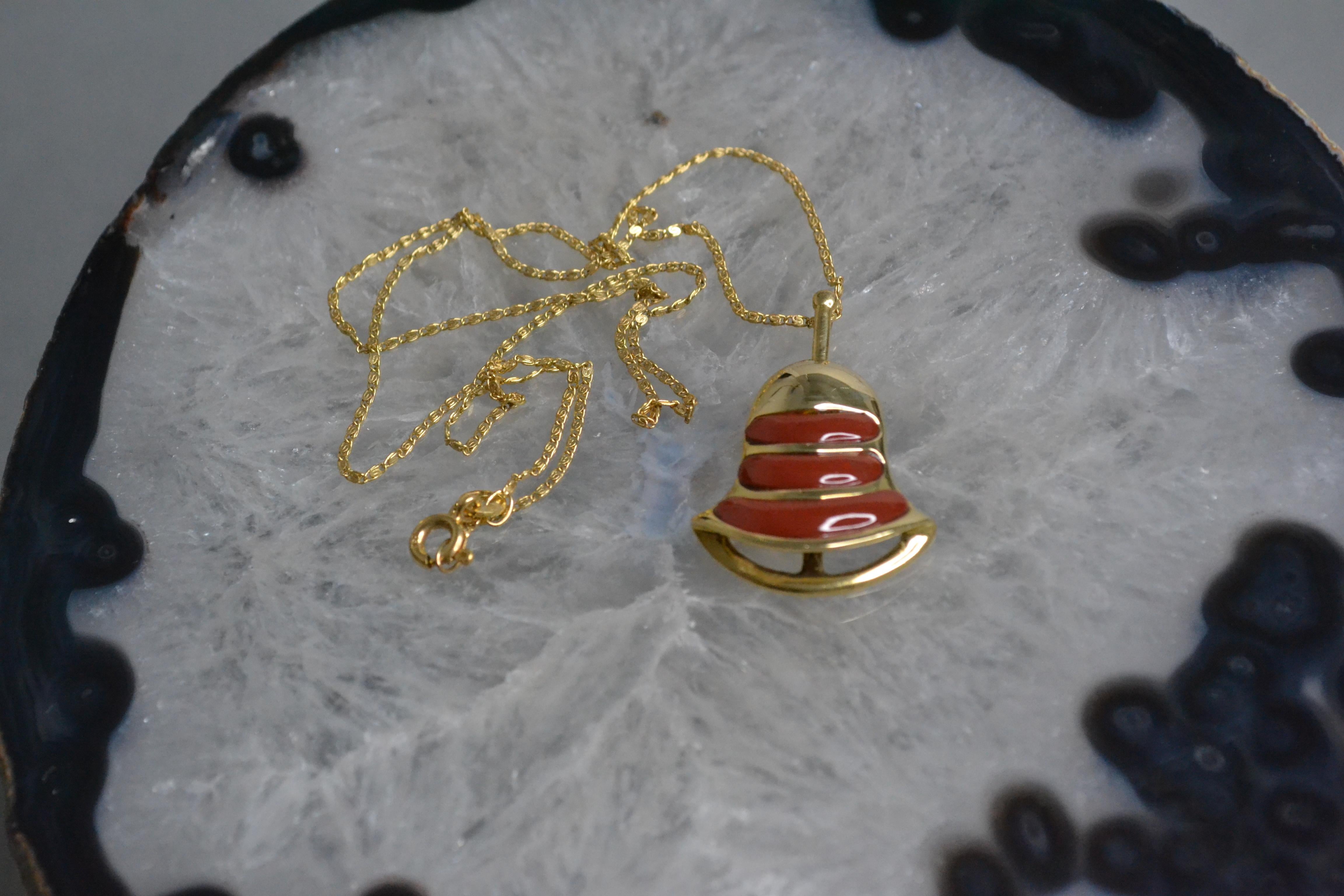 Revival Vintage 18k Gold Bell Necklace with Red Jasper For Sale