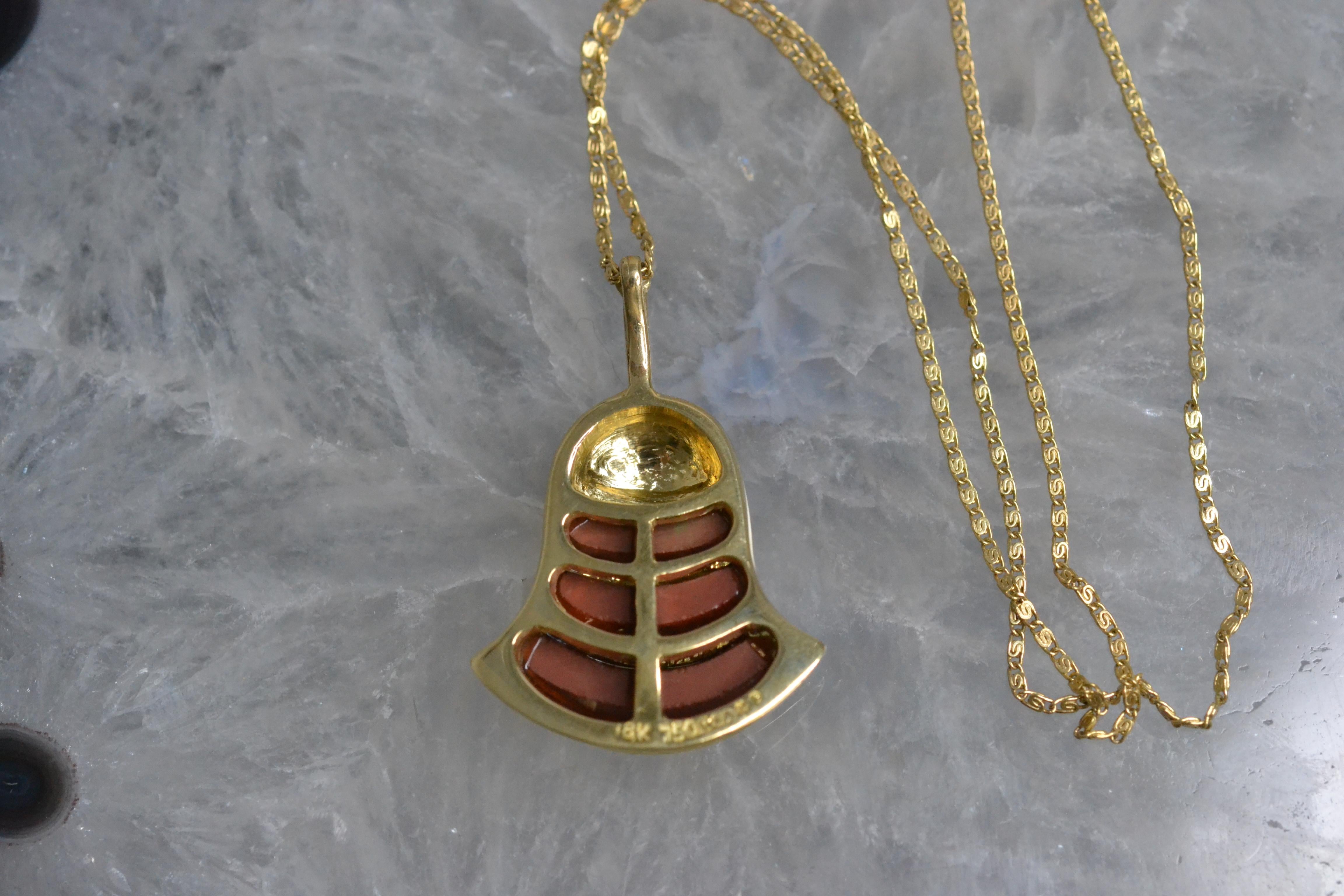 Cabochon Vintage 18k Gold Bell Necklace with Red Jasper For Sale