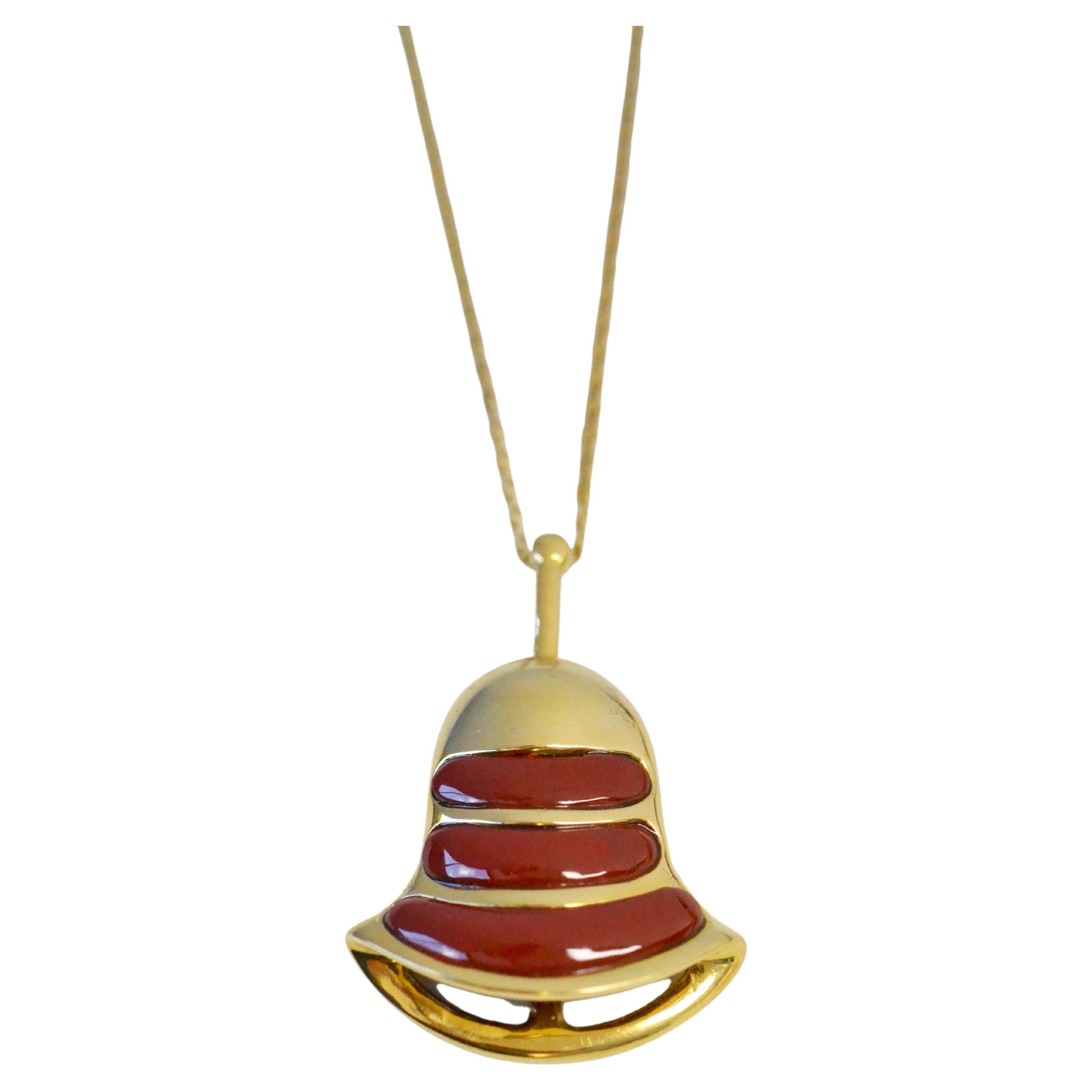 Vintage 18k Gold Bell Necklace with Red Jasper For Sale