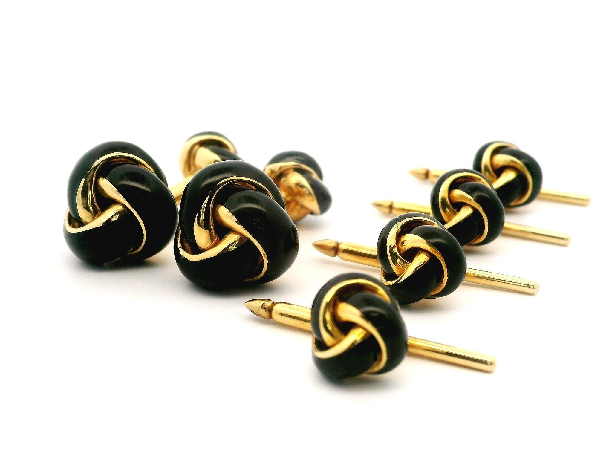 Gemelos vintage de oro de 18 quilates y esmalte negro con nudo y juego de esmoquin de 4 botones en venta 7