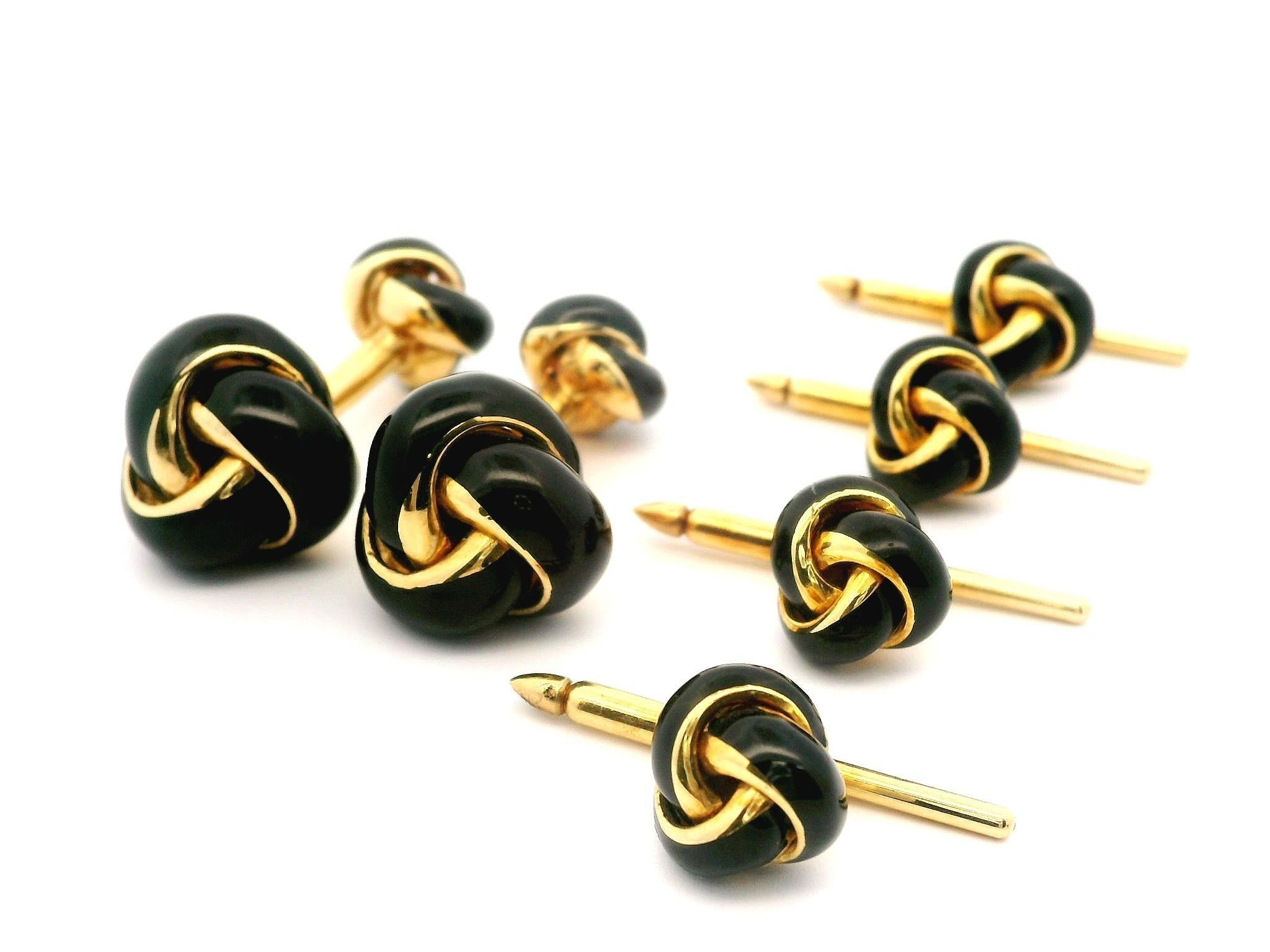Gemelos vintage de oro de 18 quilates y esmalte negro con nudo y juego de esmoquin de 4 botones en venta 8