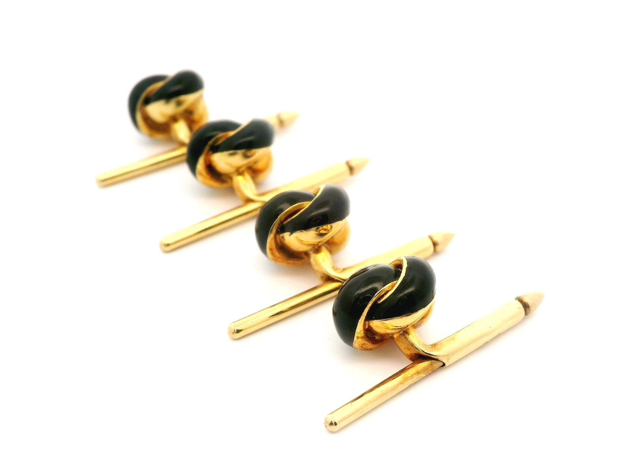 Gemelos vintage de oro de 18 quilates y esmalte negro con nudo y juego de esmoquin de 4 botones en venta 1