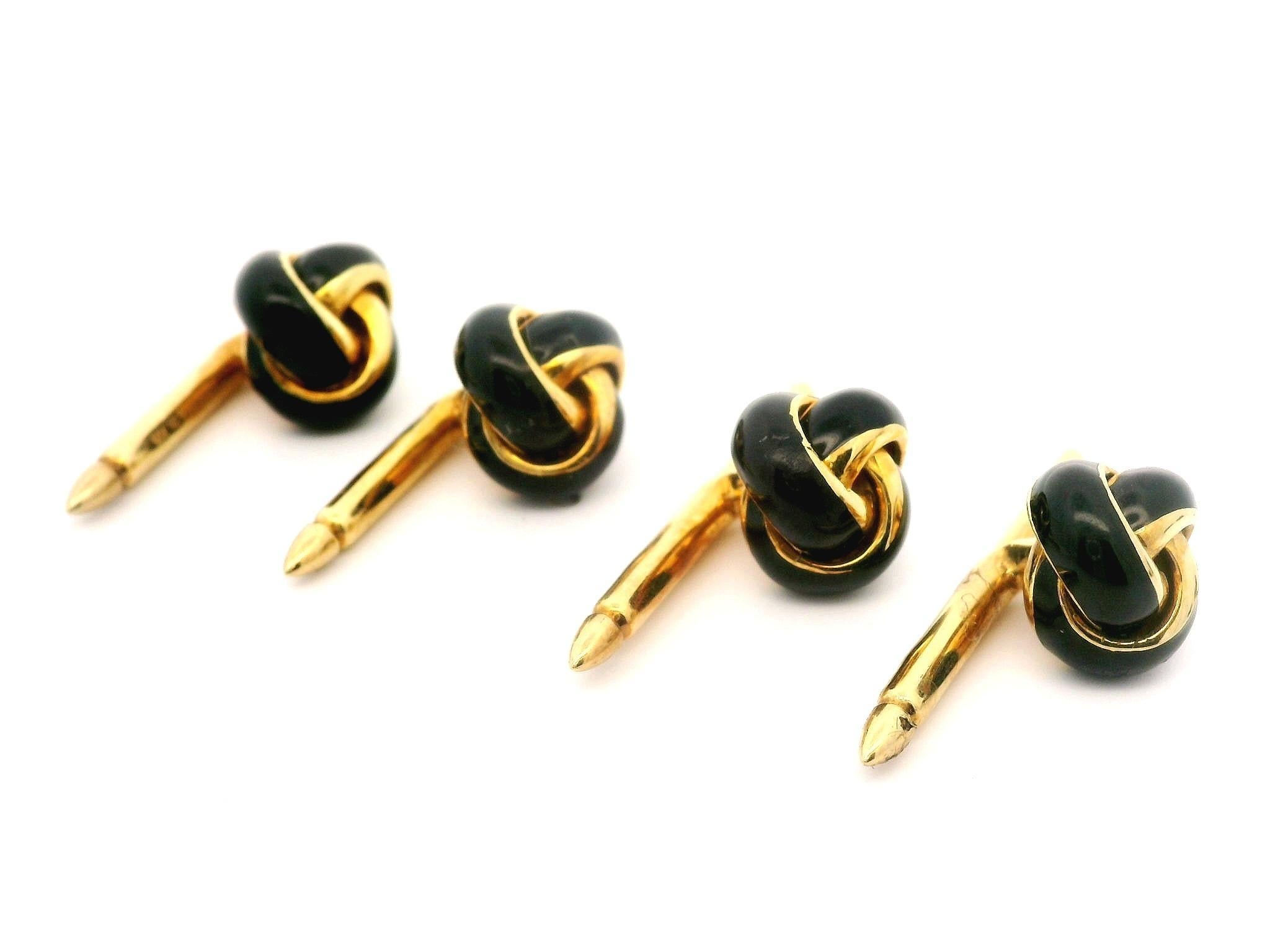 Gemelos vintage de oro de 18 quilates y esmalte negro con nudo y juego de esmoquin de 4 botones en venta 2
