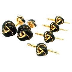 Gemelos vintage de oro de 18 quilates y esmalte negro con nudo y juego de esmoquin de 4 botones