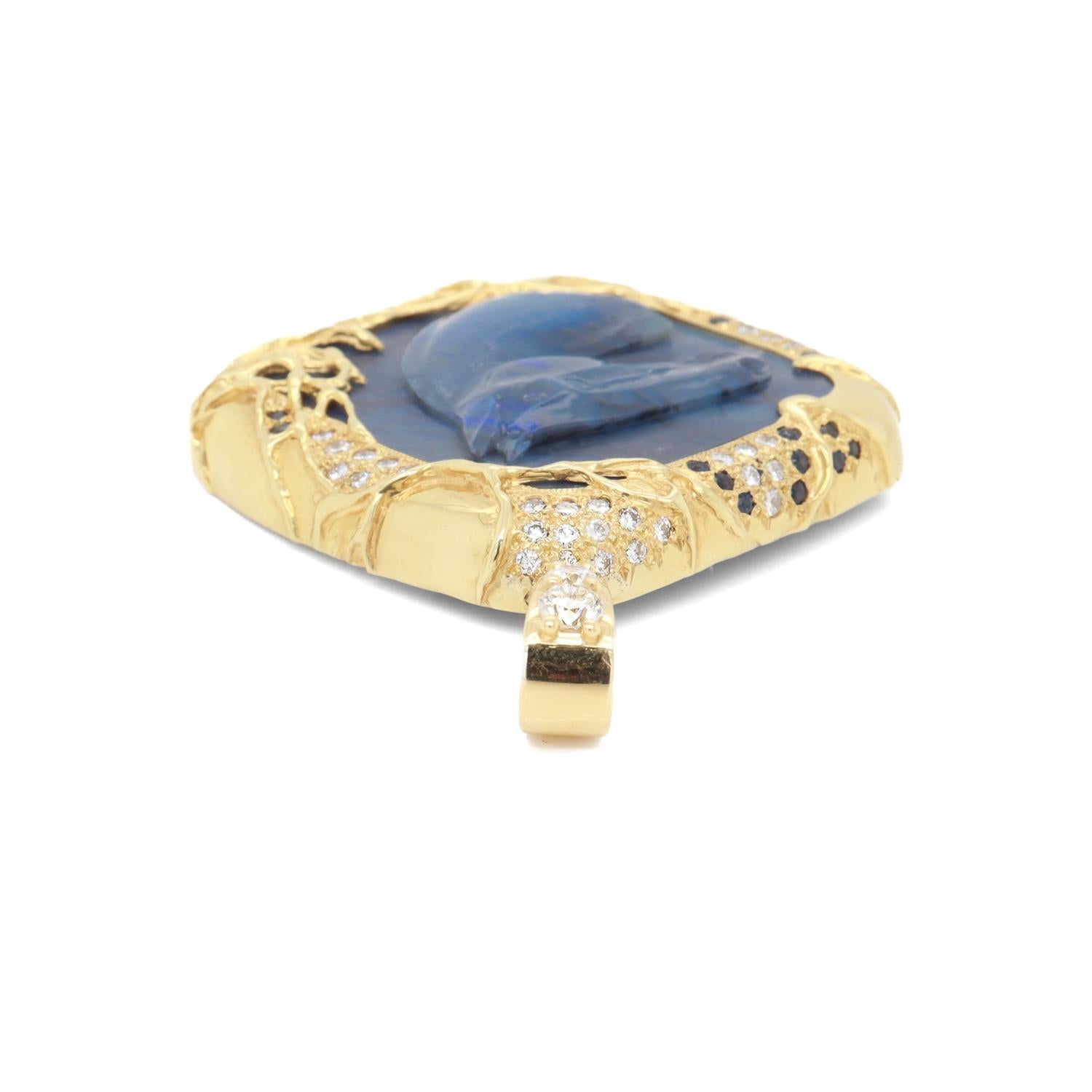 Vintage 18K Gold, Black Opal, Sapphire, & Diamond Carved Horse Pendant For Sale 4