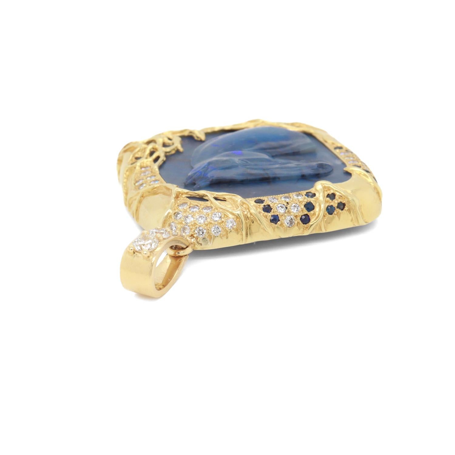 Vintage 18K Gold, Black Opal, Sapphire, & Diamond Carved Horse Pendant For Sale 5