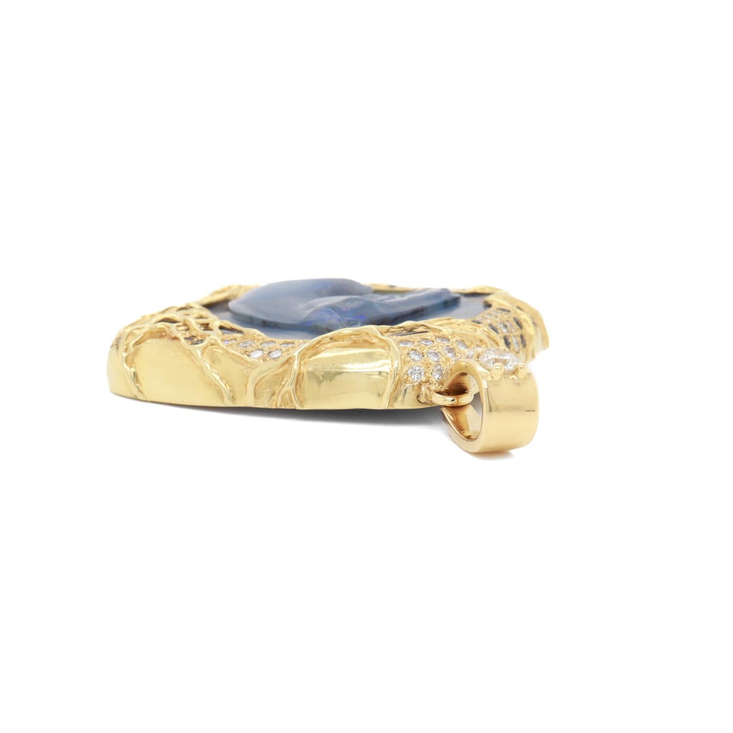 Vintage 18K Gold, Black Opal, Sapphire, & Diamond Carved Horse Pendant For Sale 6