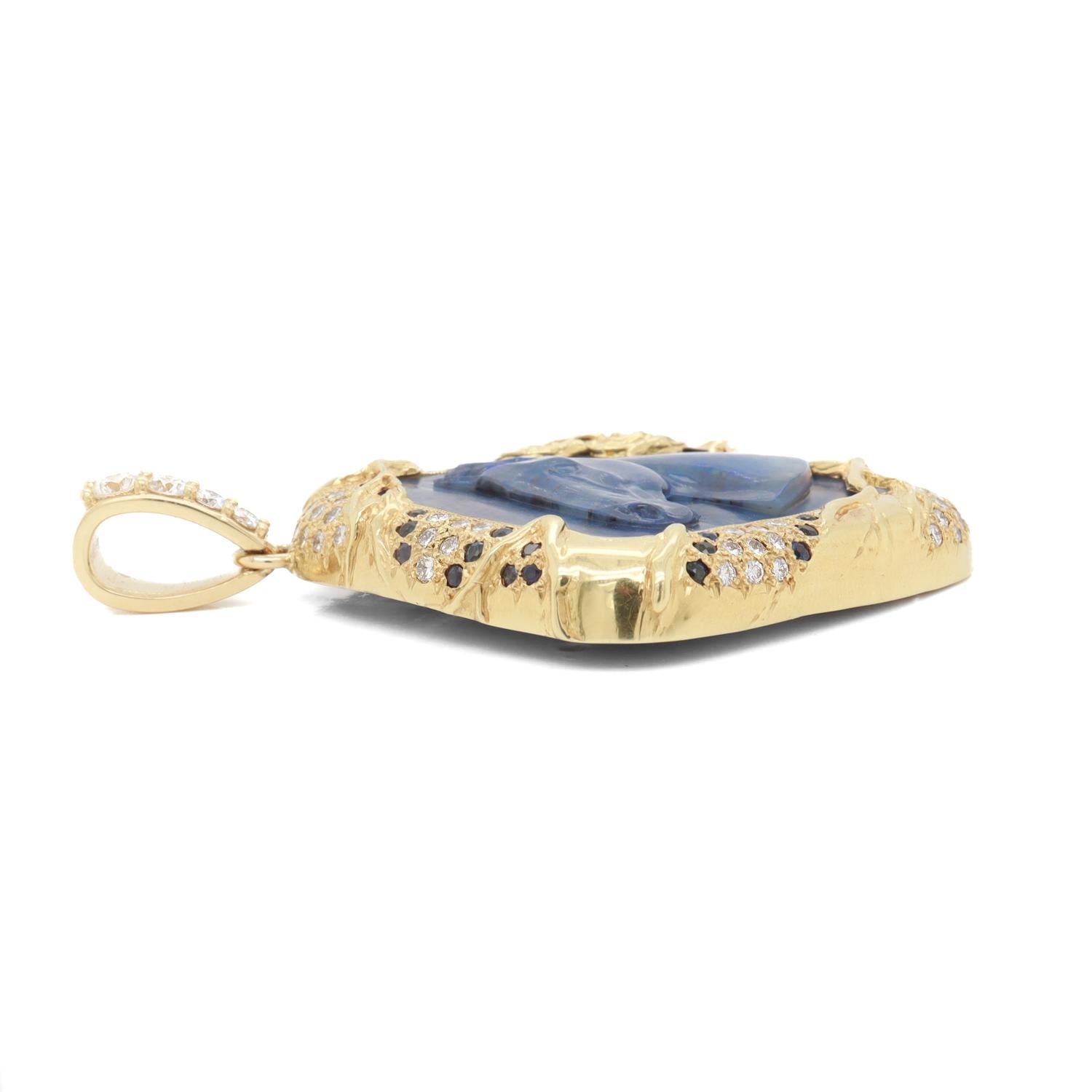 Vintage 18K Gold, Black Opal, Sapphire, & Diamond Carved Horse Pendant For Sale 7