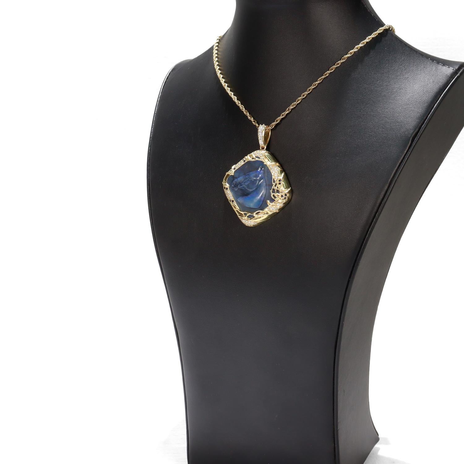 Vintage 18K Gold, Black Opal, Sapphire, & Diamond Carved Horse Pendant For Sale 8