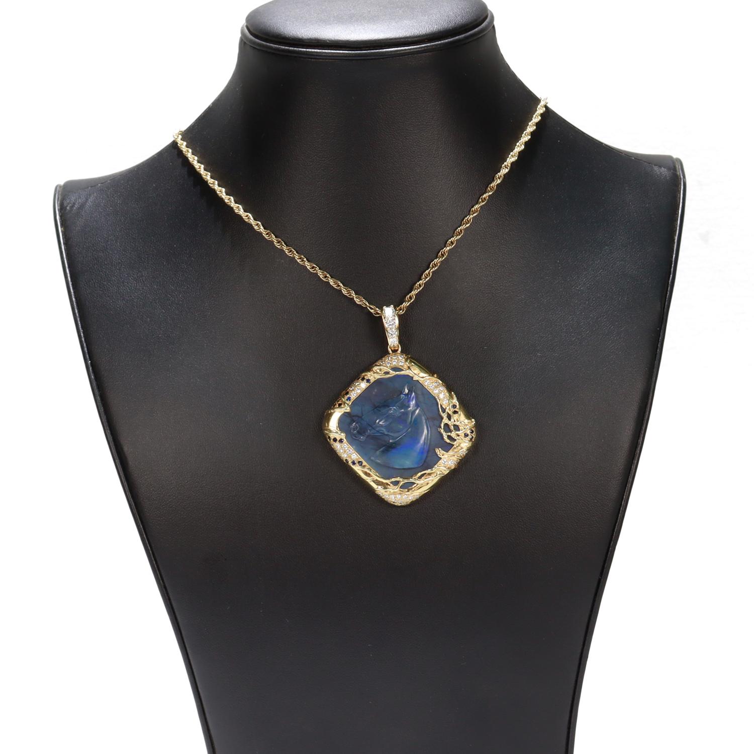 Vintage 18K Gold, Black Opal, Sapphire, & Diamond Carved Horse Pendant For Sale 9