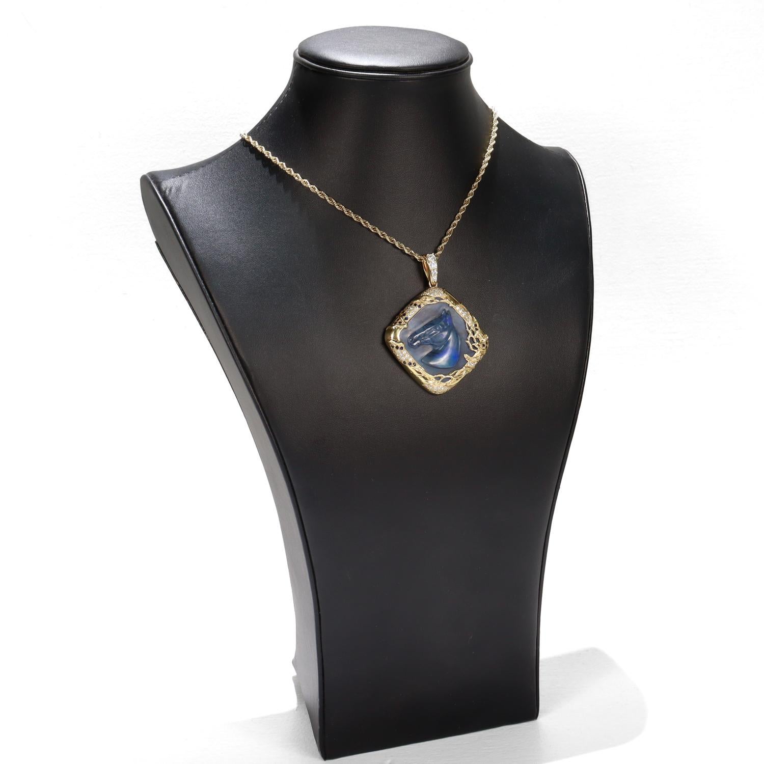 Vintage 18K Gold, Black Opal, Sapphire, & Diamond Carved Horse Pendant For Sale 10