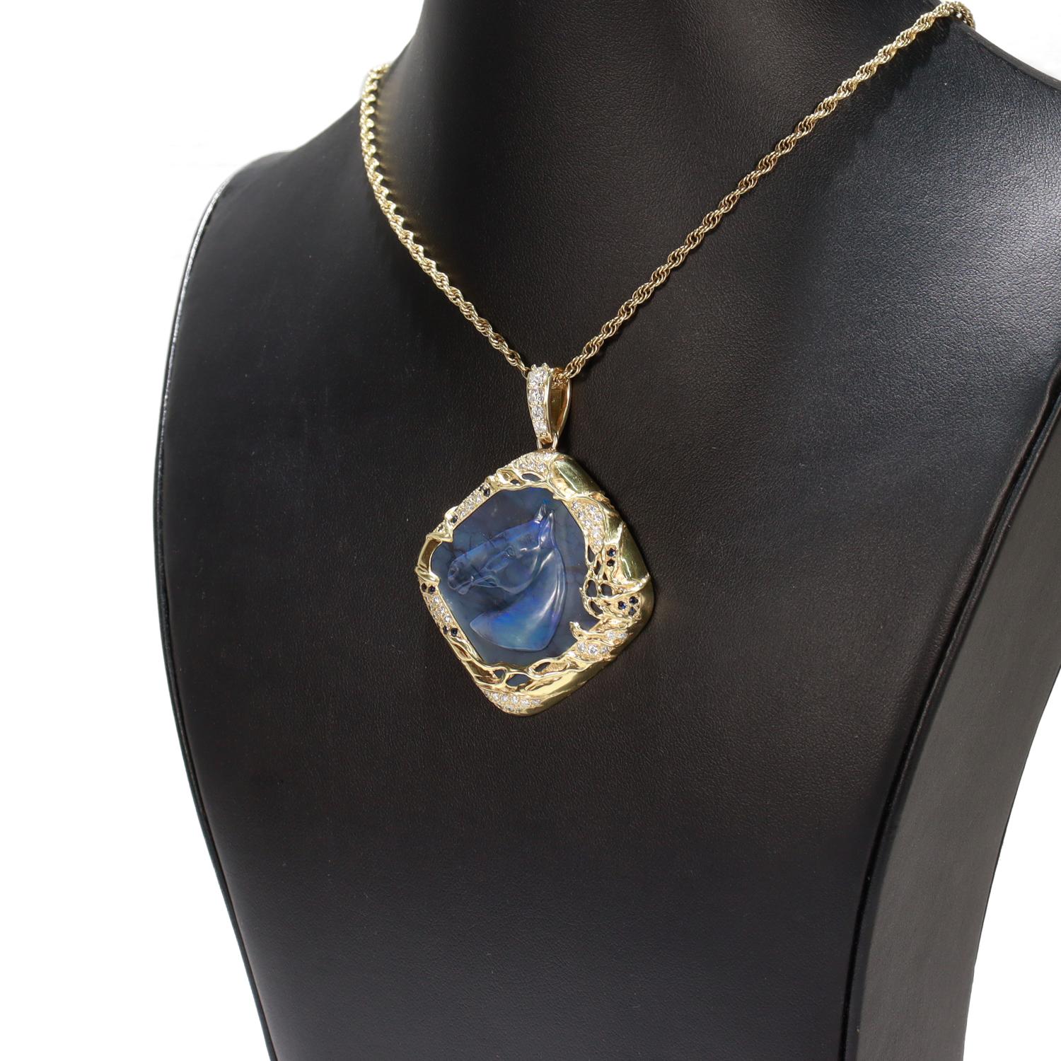 Vintage 18K Gold, Black Opal, Sapphire, & Diamond Carved Horse Pendant For Sale 11