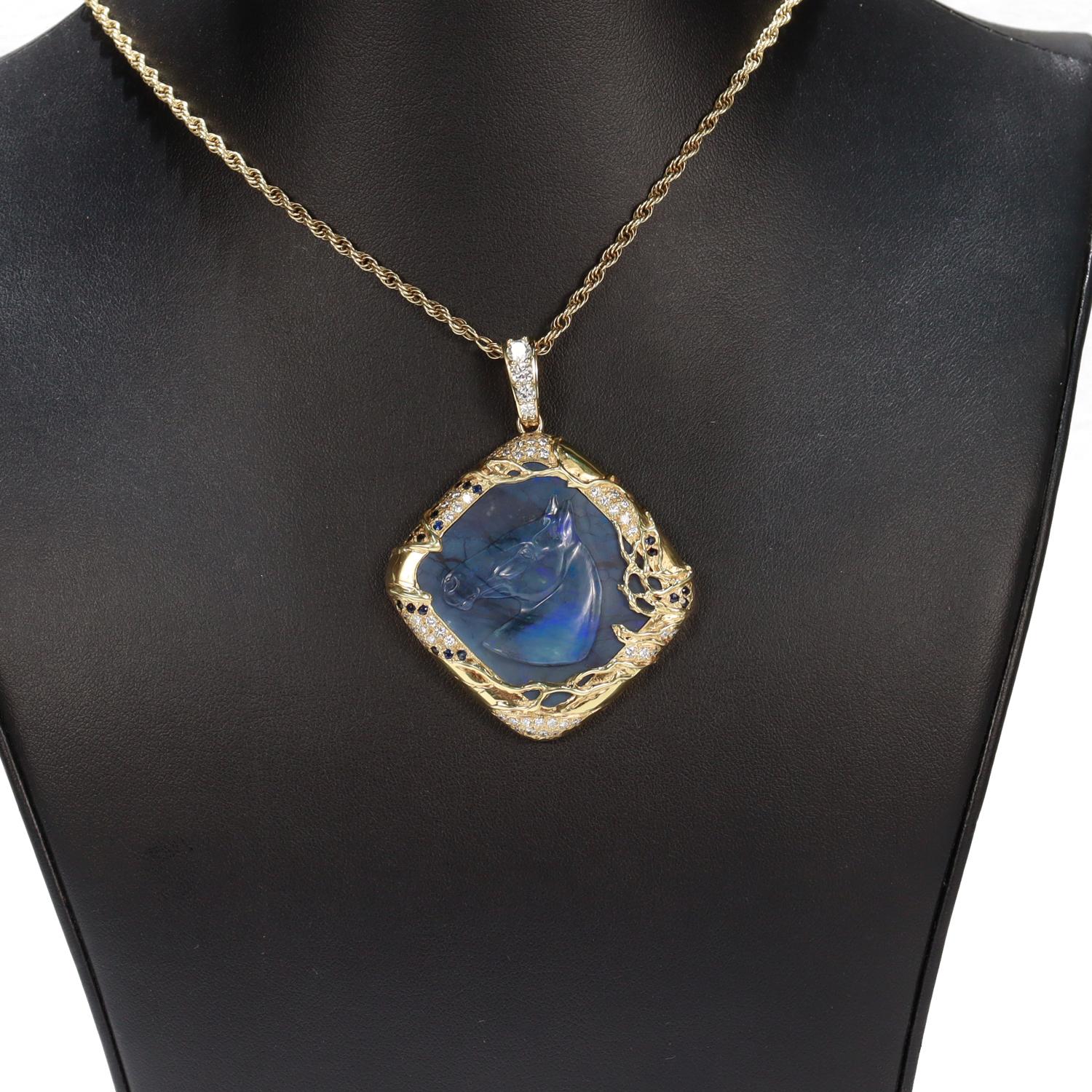 Vintage 18K Gold, Black Opal, Sapphire, & Diamond Carved Horse Pendant For Sale 12