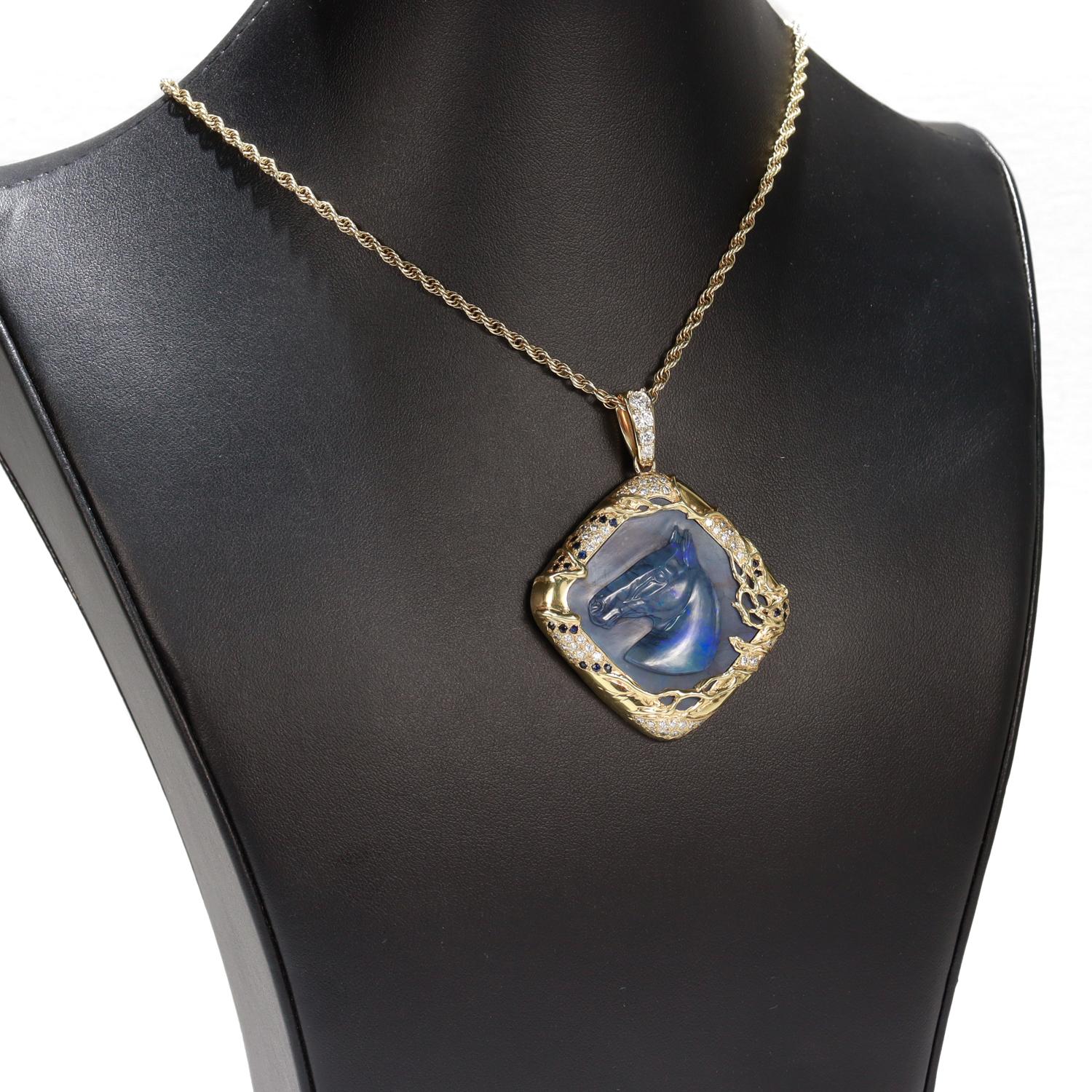 Vintage 18K Gold, Black Opal, Sapphire, & Diamond Carved Horse Pendant For Sale 13