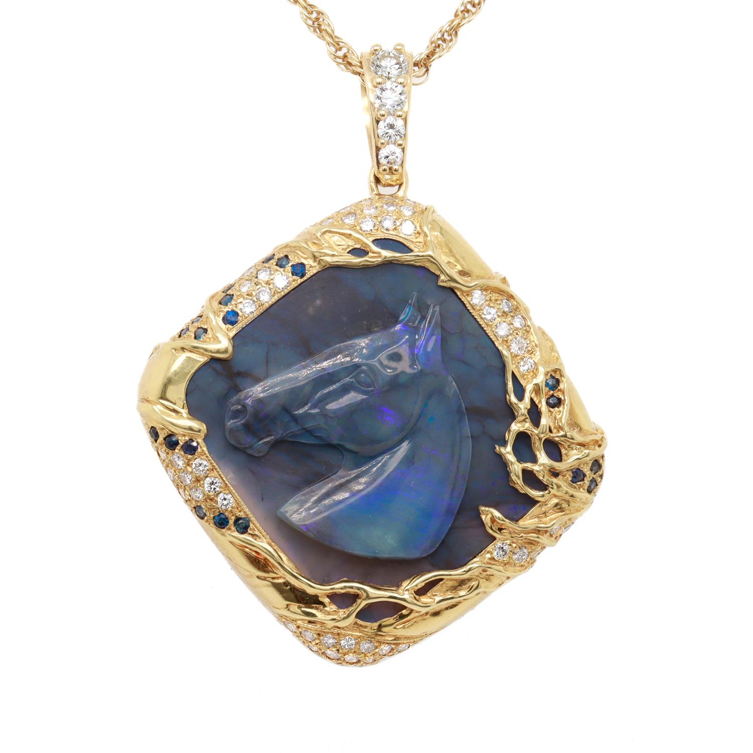 Cabochon Vintage 18K Gold, Black Opal, Sapphire, & Diamond Carved Horse Pendant For Sale