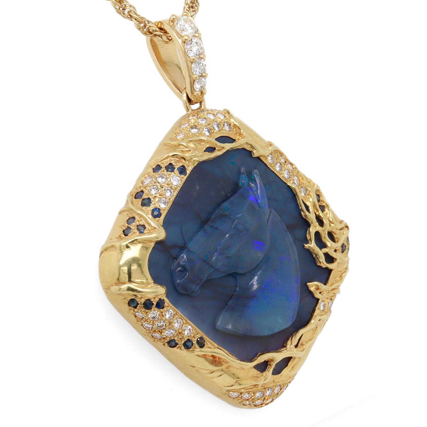 Women's or Men's Vintage 18K Gold, Black Opal, Sapphire, & Diamond Carved Horse Pendant For Sale