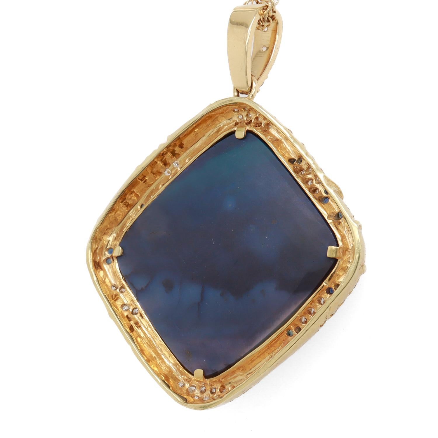 Vintage 18K Gold, Black Opal, Sapphire, & Diamond Carved Horse Pendant For Sale 1