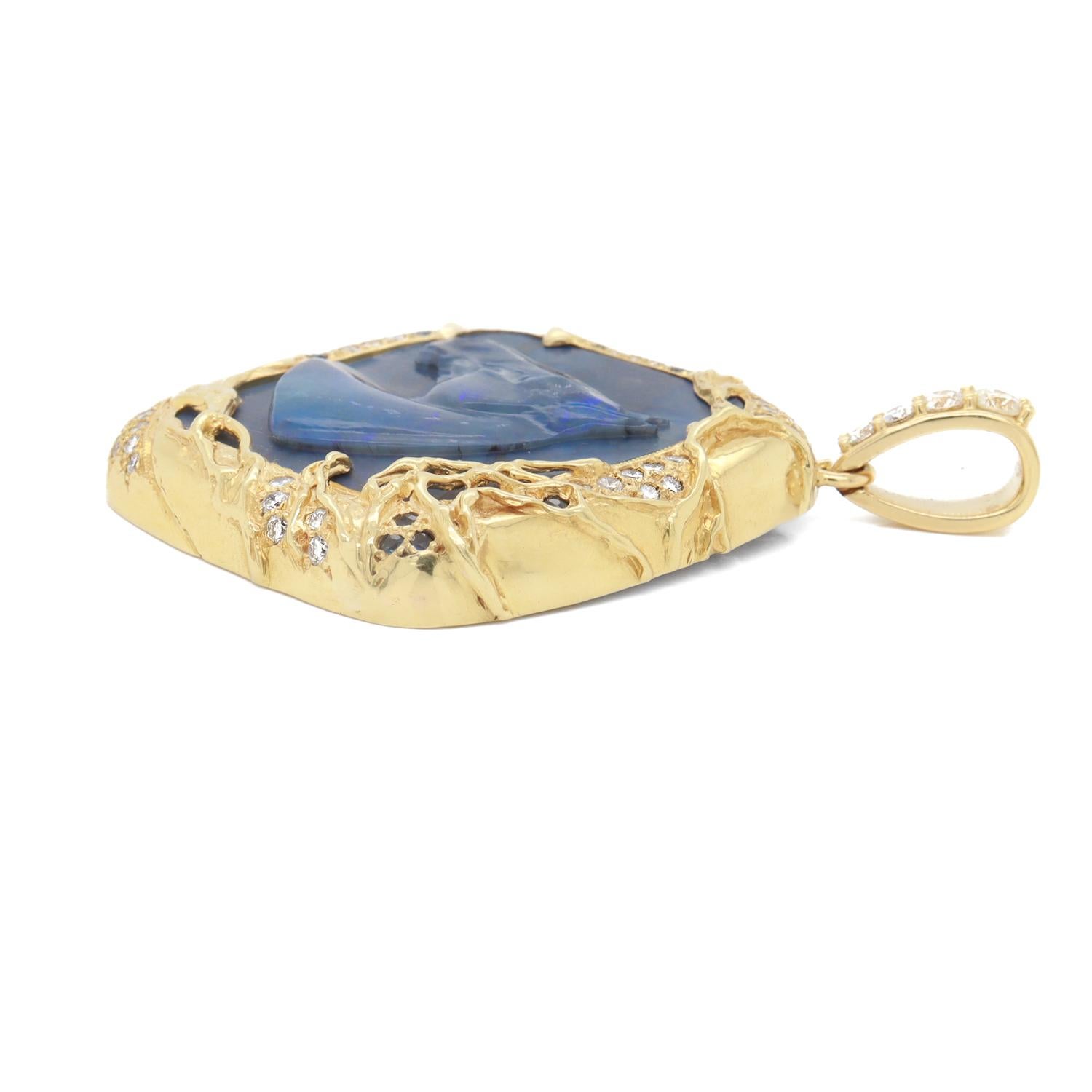 Vintage 18K Gold, Black Opal, Sapphire, & Diamond Carved Horse Pendant For Sale 3