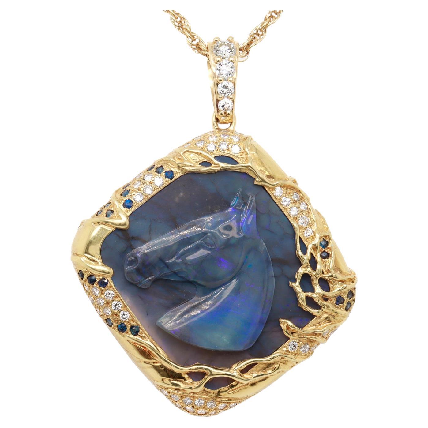 Vintage 18K Gold, Black Opal, Sapphire, & Diamond Carved Horse Pendant