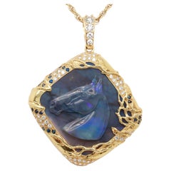 Vintage 18K Gold, Black Opal, Sapphire, & Diamond Carved Horse Pendant