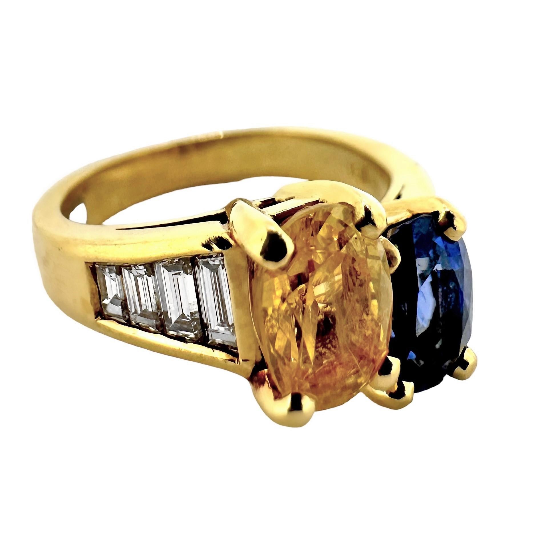 Women's Vintage 18k Gold, Blue Sapphire, Golden Sapphire, Diamond Ring by Julius Cohen