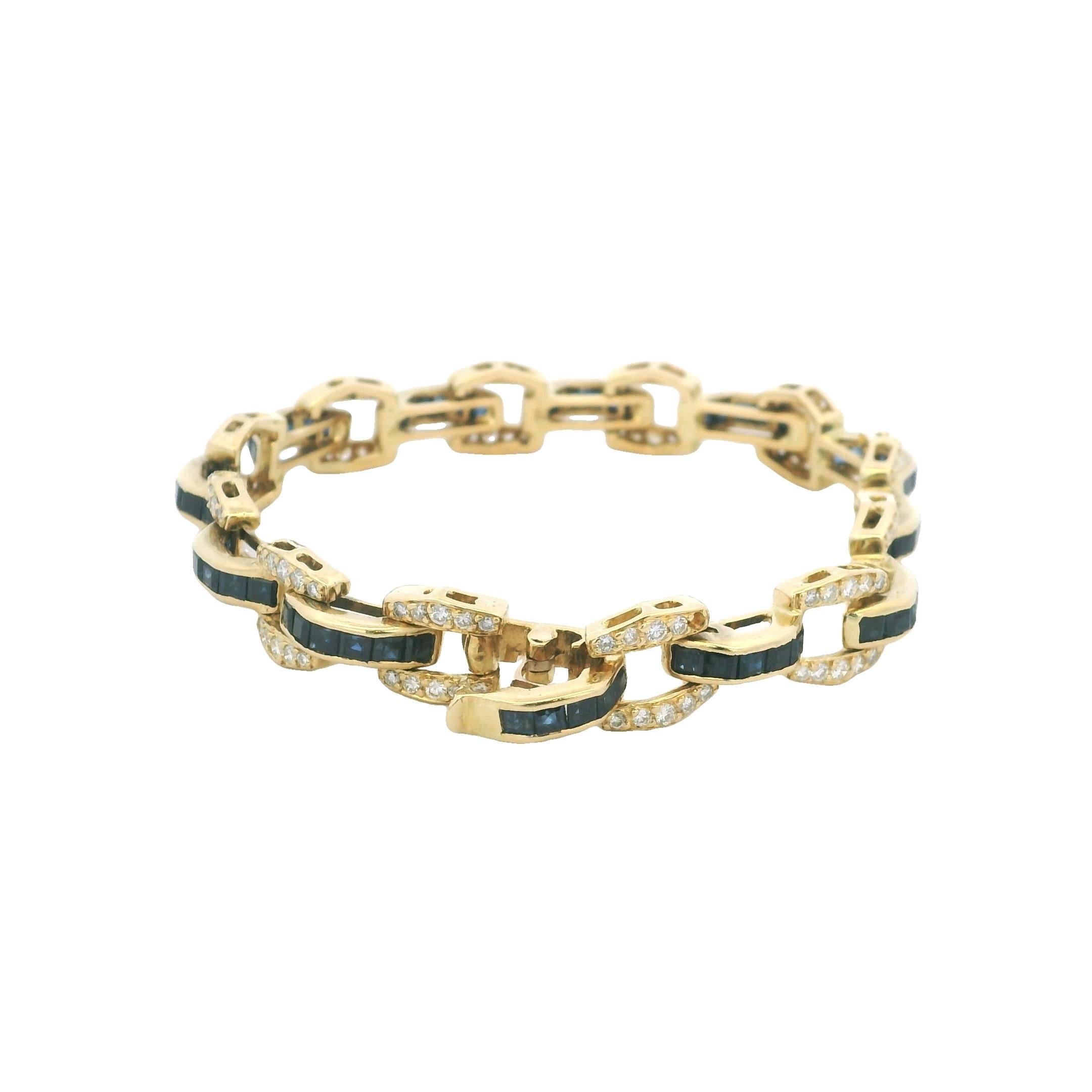Pulsera vintage de oro de 18 quilates con zafiros engarzados en canal y pavé de diamantes, años 80 Corte cuadrado en venta