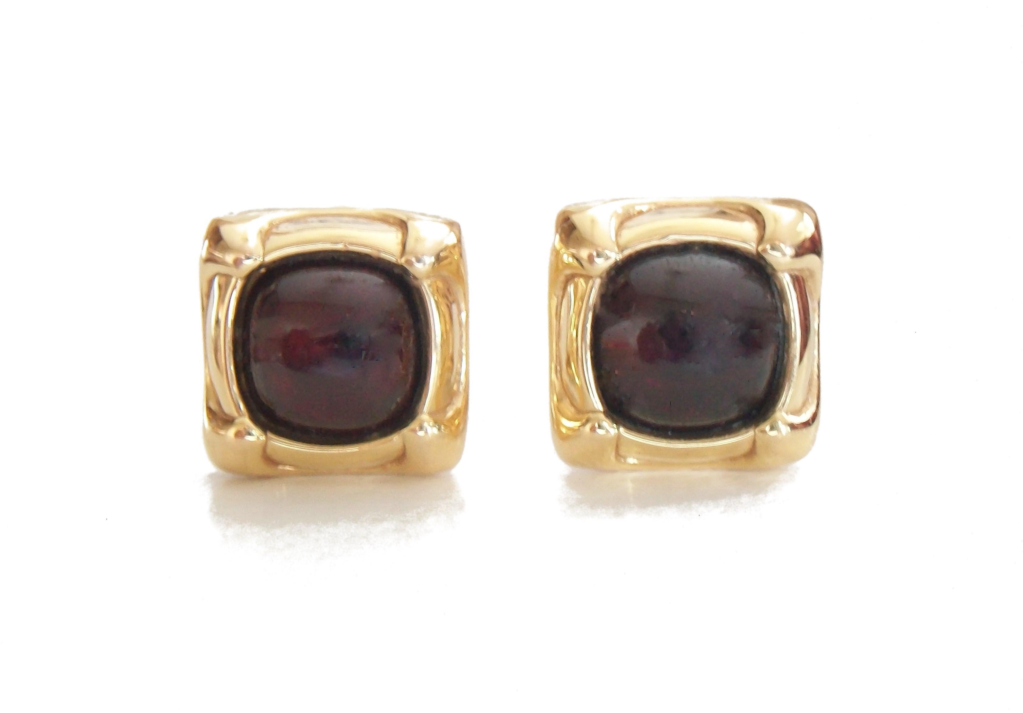 Vintage 18K Gold & Cabochon Garnet Earrings, Omega Backs, Mid-20th Century For Sale 6