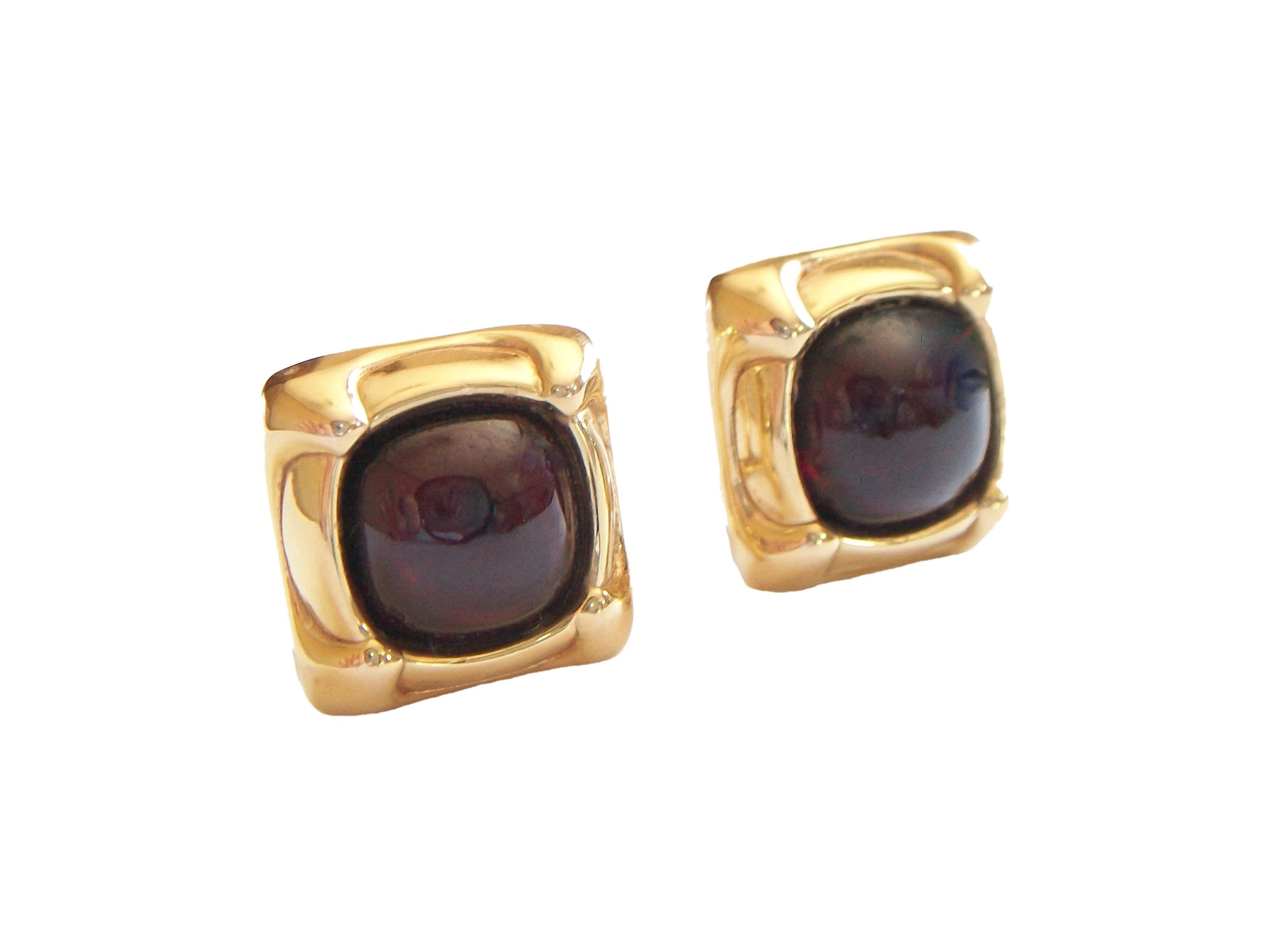 Vintage pair 18K / 750 yellow gold and cabochon garnet drop earrings - each garnet approximately 8.64 carats (10 mm. in diameter) - finest quality workmanship and detail - hand made - omega backs - each marked 750 along with maker's mark BTS