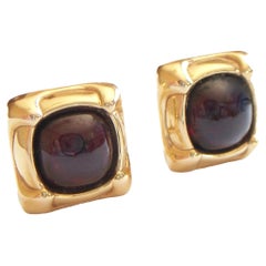 Vintage 18K Gold & Cabochon Garnet Earrings, Omega Backs, Mid-20th Century