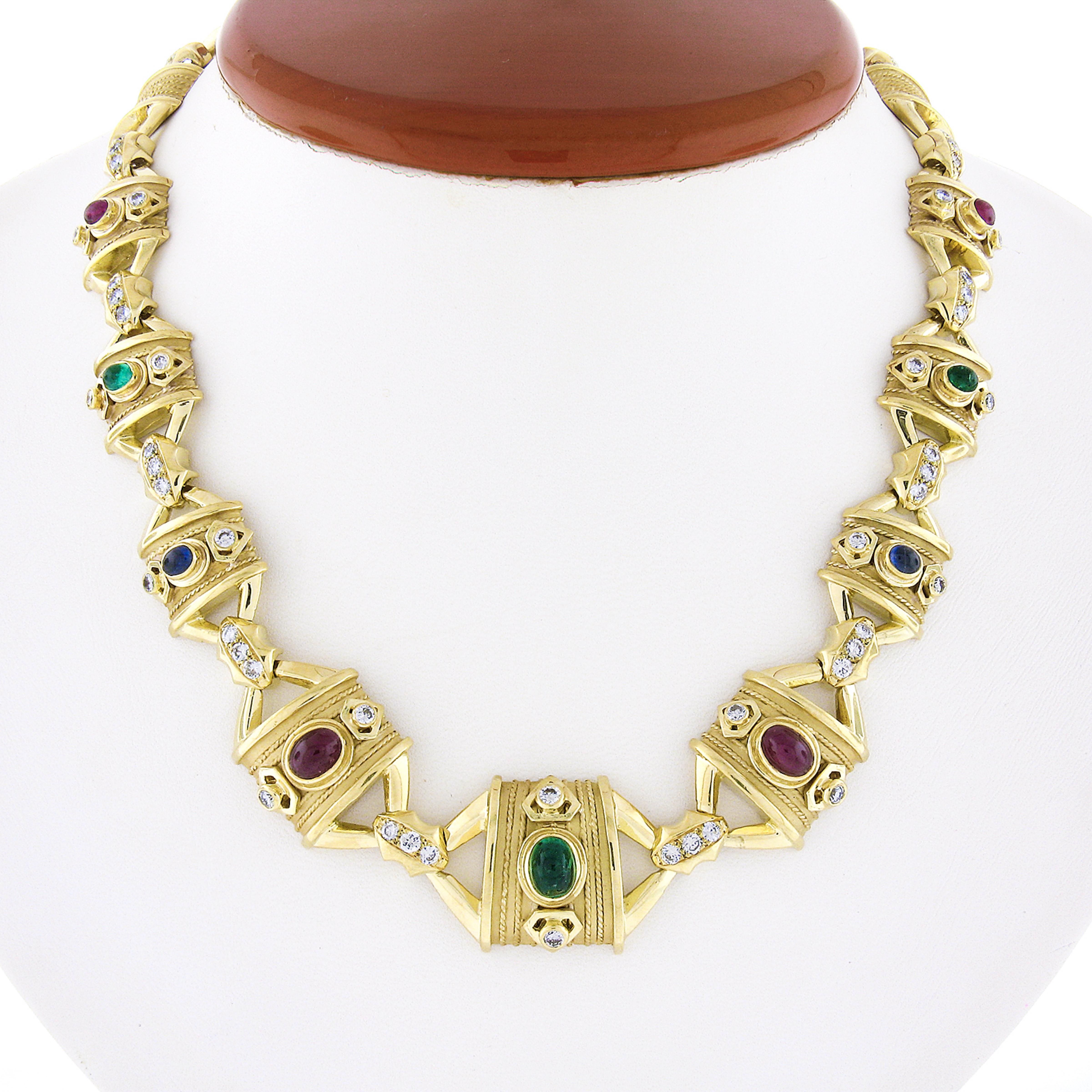 Here we have a very well and solidly made vintage statement necklace that was crafted from solid 18k yellow gold. The necklace features fancy links with a wide and unique design that give the piece a truly outstanding bold look. The links slightly