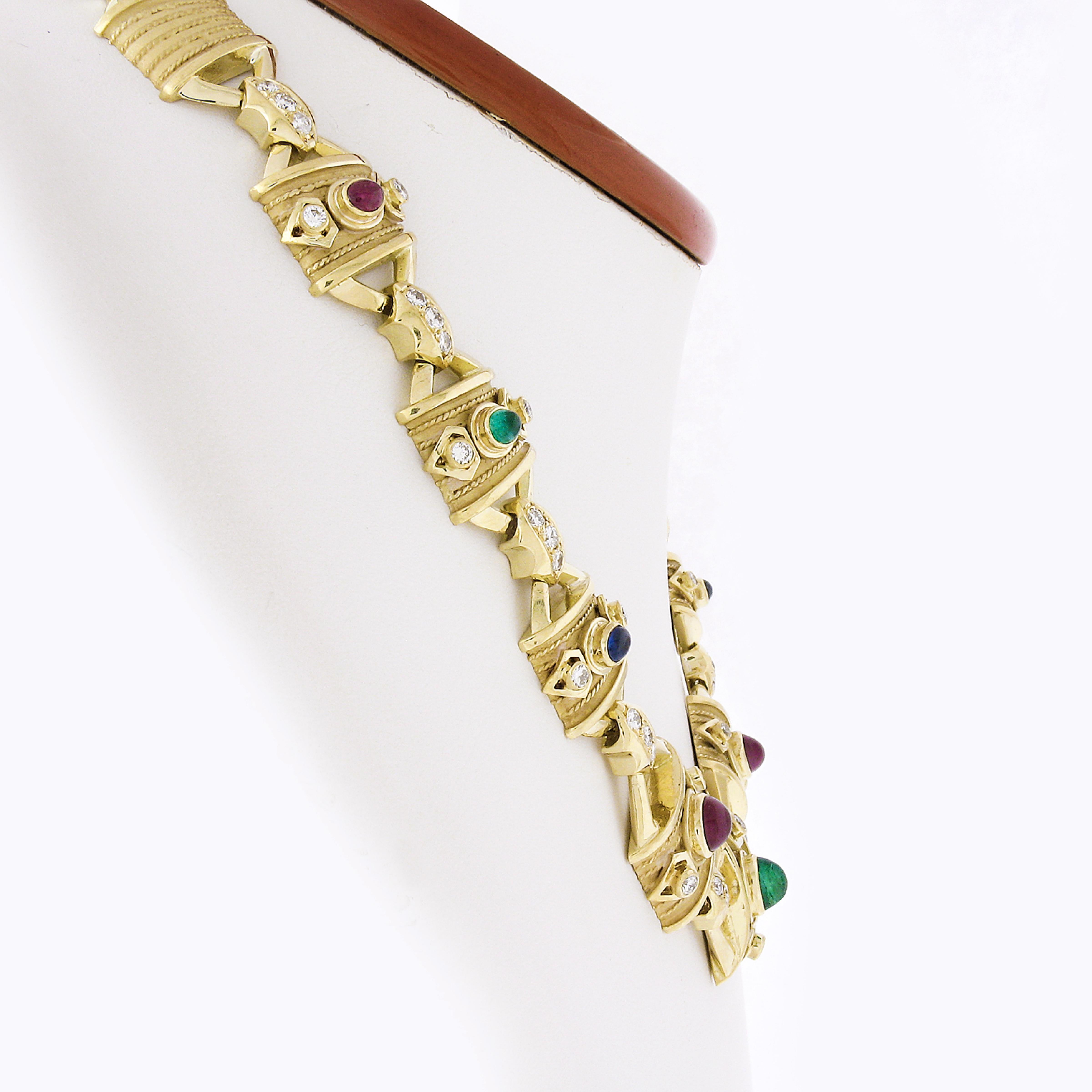 Retro Vintage 18K Gold Cabochon Multi Gemstone Diamond Dual Finish Wide Link Necklace For Sale