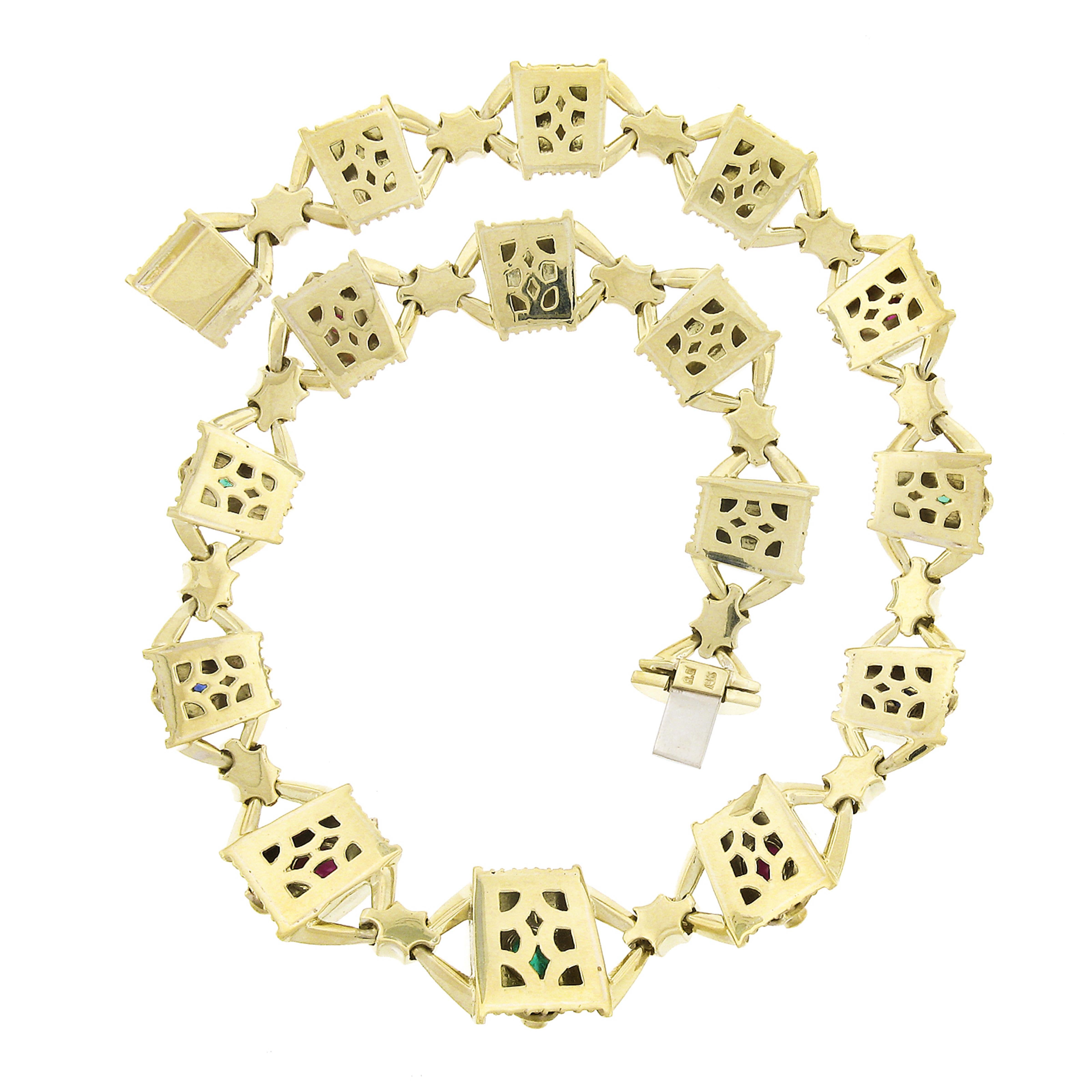 Retro Vintage 18K Gold Cabochon Multi Gemstone Diamond Dual Finish Wide Link Necklace For Sale