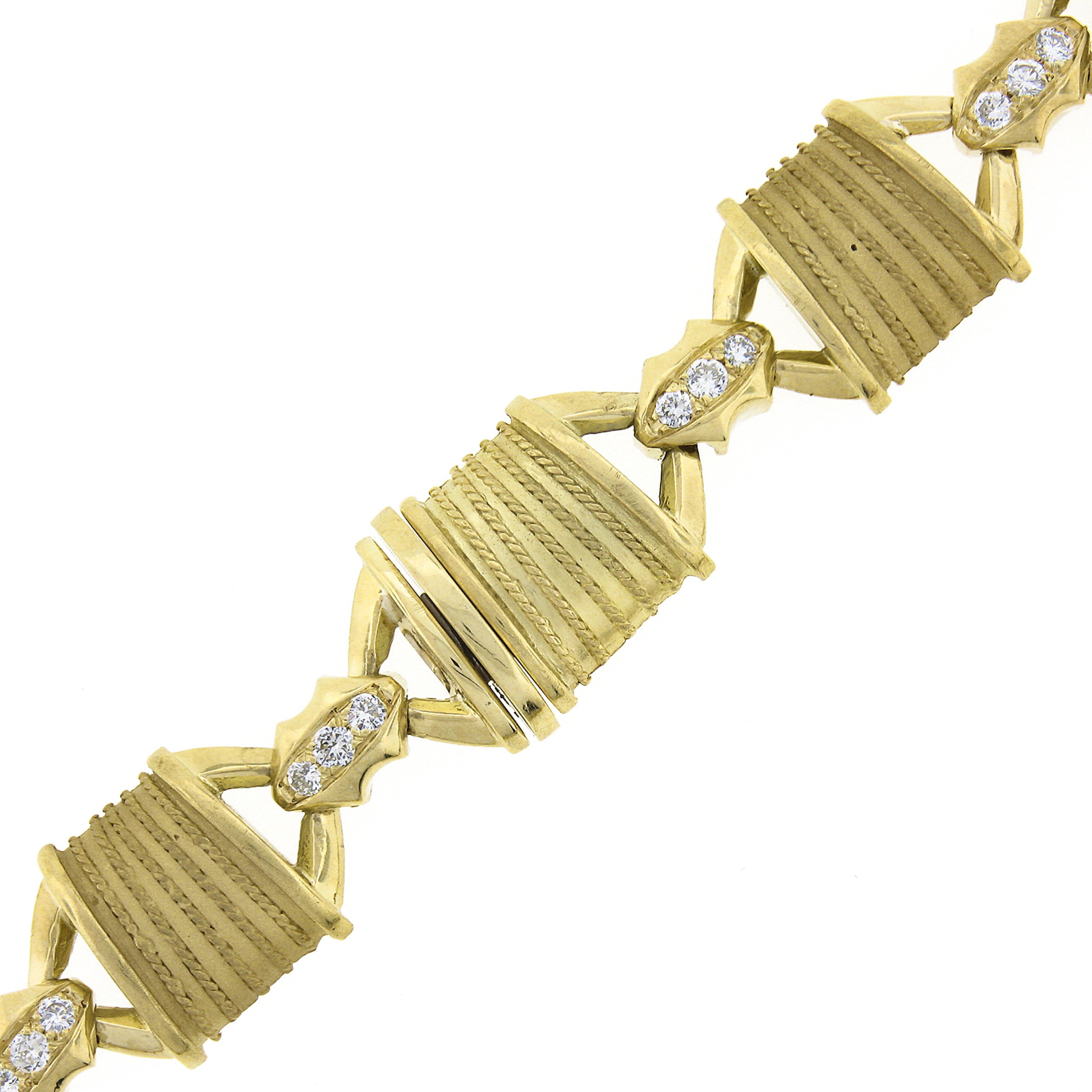 Women's Vintage 18K Gold Cabochon Multi Gemstone Diamond Dual Finish Wide Link Necklace For Sale